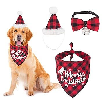 Christmas Dog Bandana Hat Bowtie, Red Plaid Dog Christma Bandana Triangle Scarf Dog Christmas Outfit Costume Accessories for Small Medium Dogs Pets (Red)