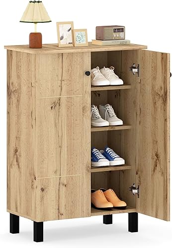 Miniatura 9 de Giantex Zapatero con puertas, zapatero estrecho de 4 niveles con estantes extraíbles, armario de almacenamiento de zapatos de madera independiente