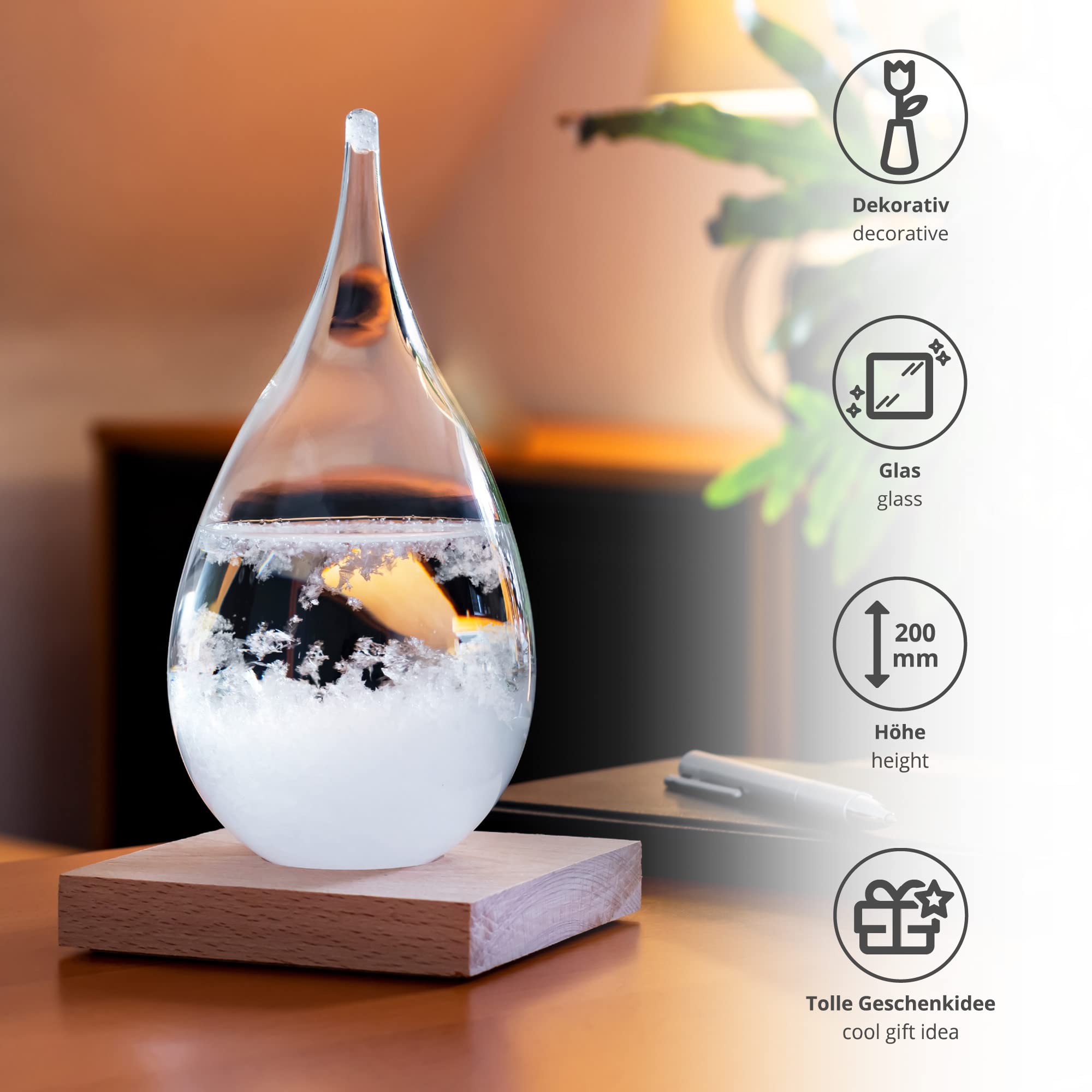 Wetterstation in Tropfenform: Sturmglas zur Wettervorhersage, Wetterglas mit Wasser Kristallen, Innen Barometer zur Wetterprognose, Weather Station aus Glas, Glastropfen mit Holzsockel