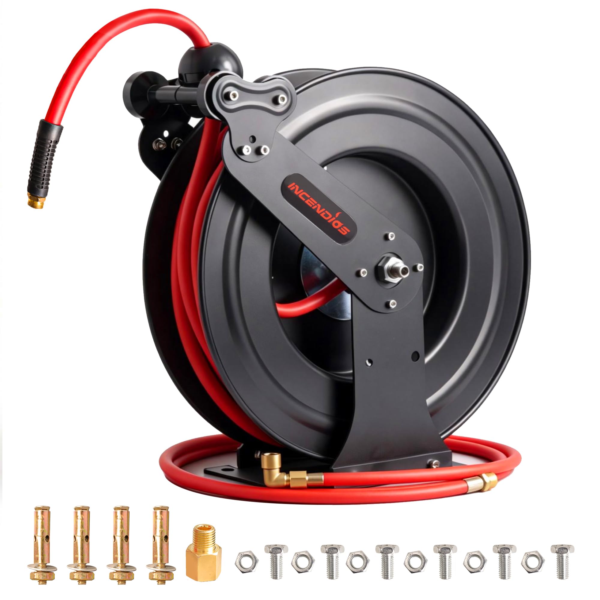 Retractable Air Hose Reel - 9.5mm x 20m Hybrid Polymer Air Compressor Hose Reel, Heavy Duty Steel Dual Arm with 2m Lead-in, Max 20BAR, Professional Grade Wall/Ceiling/Floor Mount
