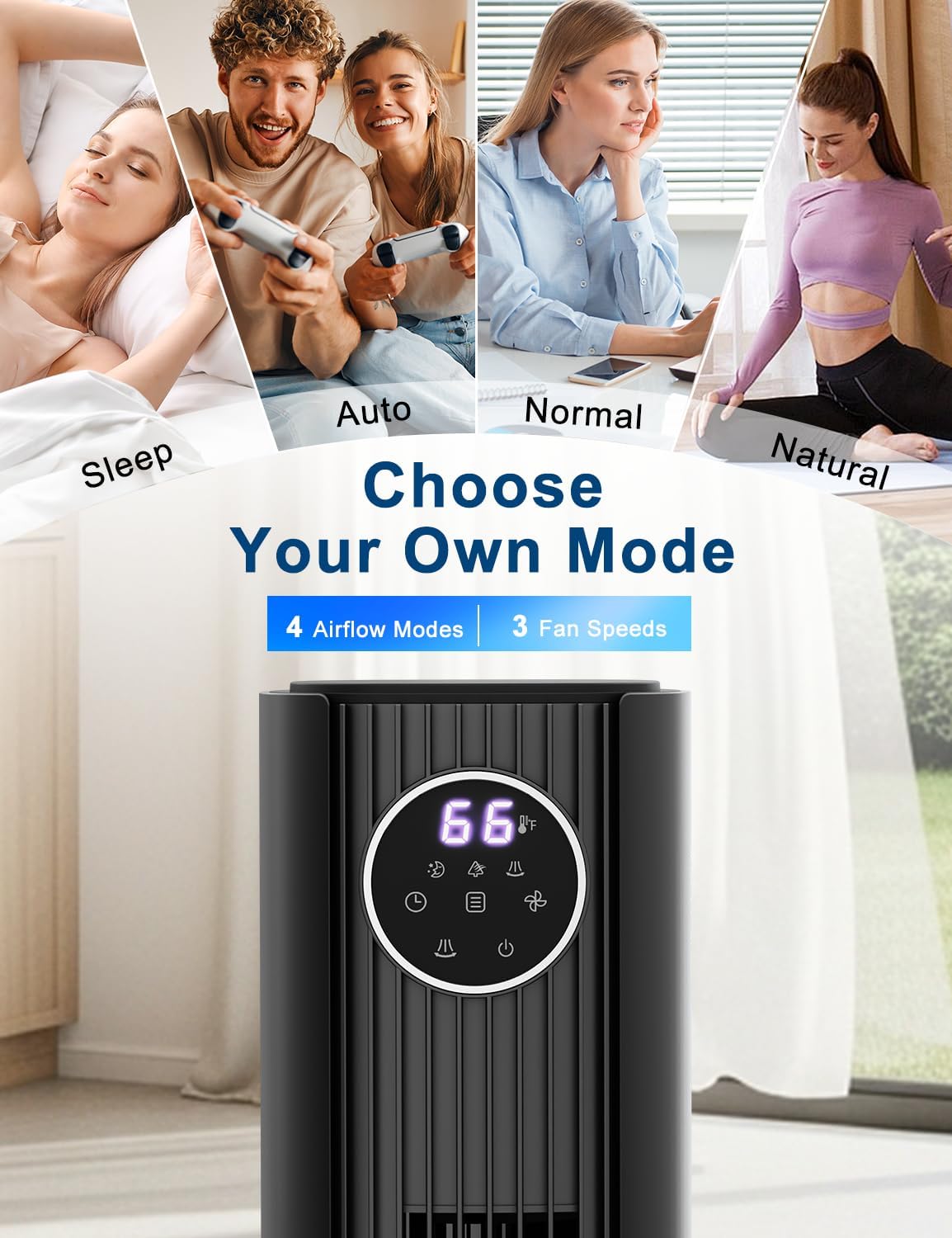 Electactic 36” Tower Fan for Bedroom, 23ft/s Powerful Standing Fan with Remote, 85° Oscillating Fans for Indoors with 3 Speeds, 4 Modes, 12H Timer, Bladeless Room Fan for Room, Home, Office, Black