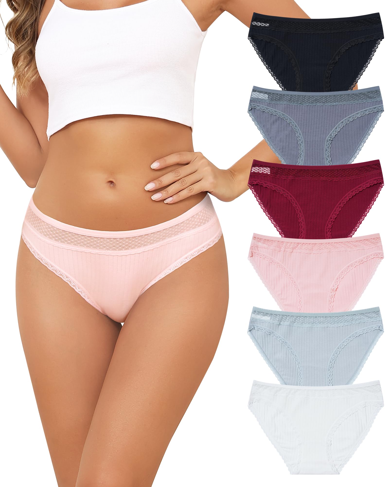 LEVAO Womens Underwear Cotton Bikini Panties Lace Cut Out Stretch Cheeky Ladies Briefs 6 Pack S-XL