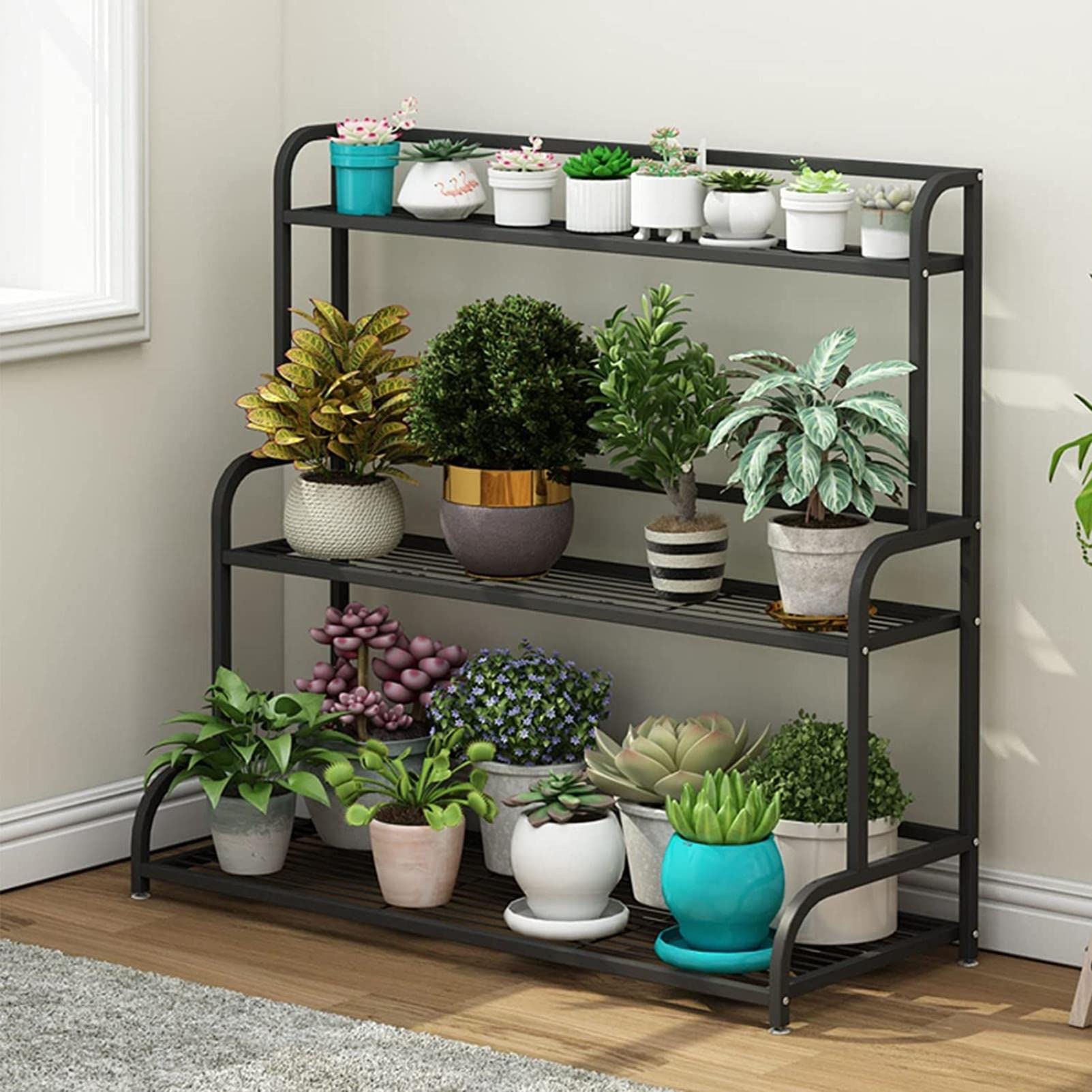Support échelle à 3 niveaux pour pot de fleurs autoportant avec barre arrière, étagère d'intérieur et d'extérieur pour jardin et terrasse