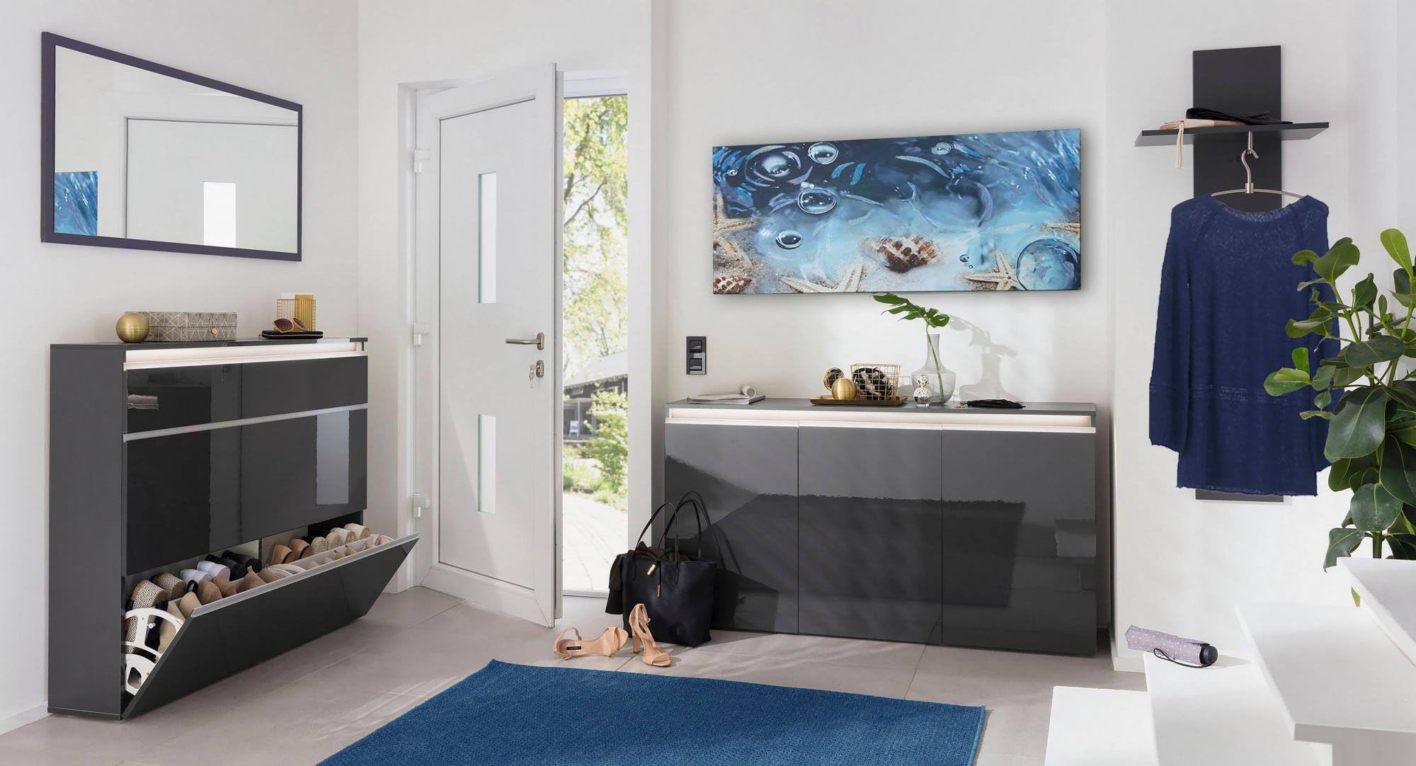 Dmora - Mobile da ingresso Omer, Entratina moderna multifunzione, Armadietto multiuso per atrio, 100% Made in Italy, cm 50x27h140, Antracite lucido
