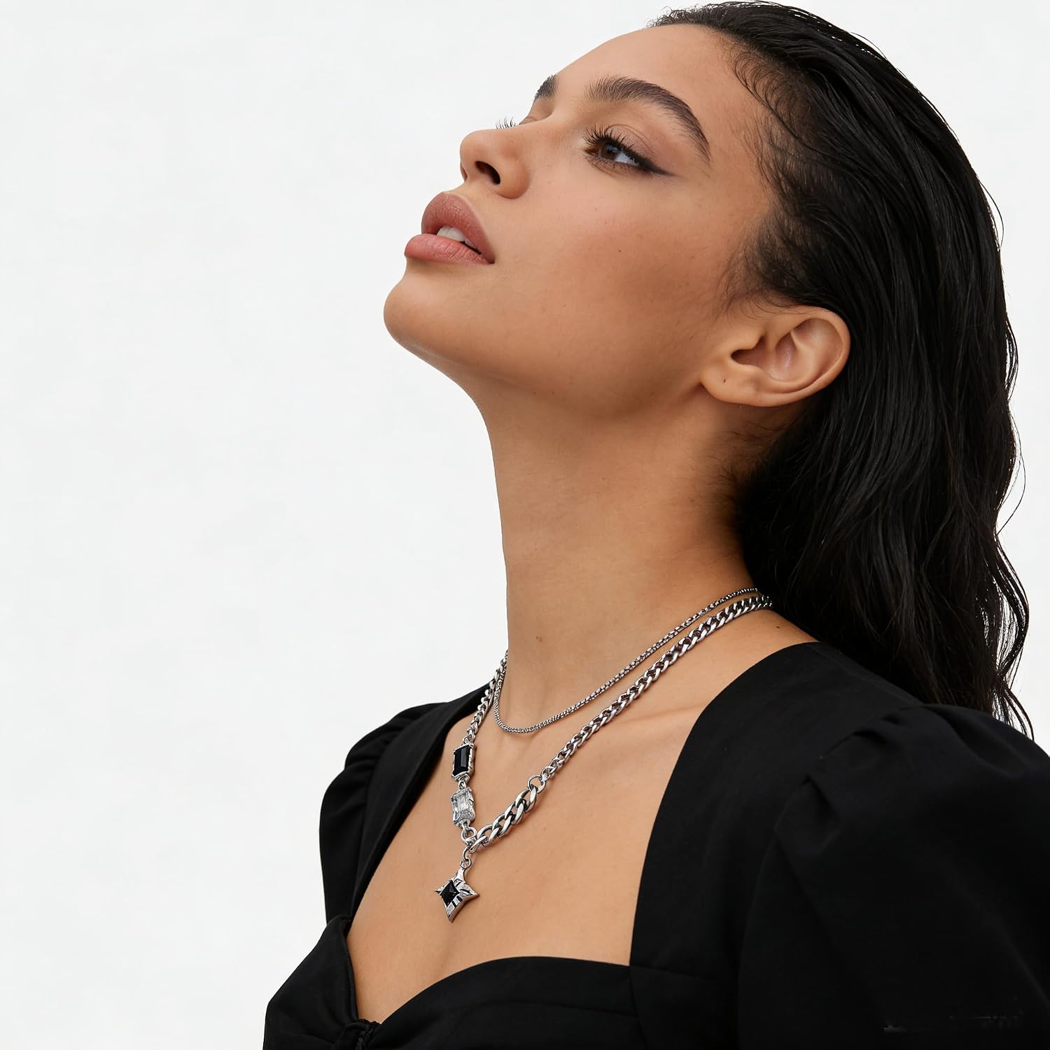 Y2K Gothic Silver Layered Necklace - Black Rhinestone Star Pendant Stack Necklace for Women