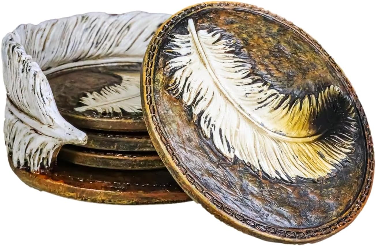 Ebros Rustic Western Indian Eagle Feather Sculpted Coaster Holder with 4 Round Coasters Decor Set in Vintage Colors for Drinks Cups Mugs Home and Kitchen Dining Decorative Figurine Southwestern