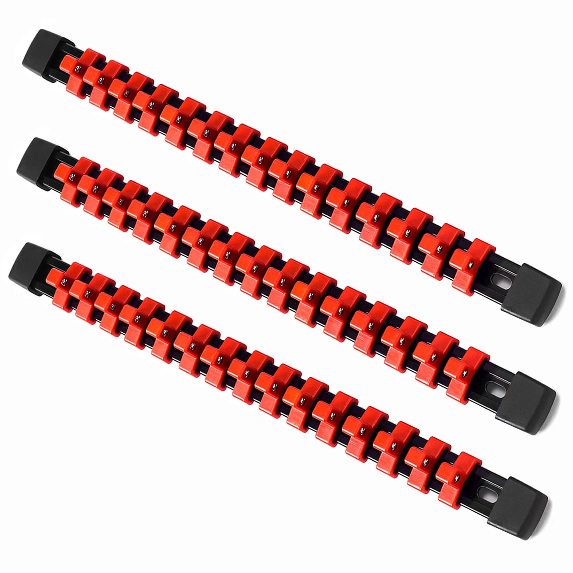 ALOANES 3PC ABS Socket Organizer, Socket Rails Fit 3/8 inch Drive, Heavy Duty Socket Holders Hold up to 45 Sockets, With Black Rails and Red Clips