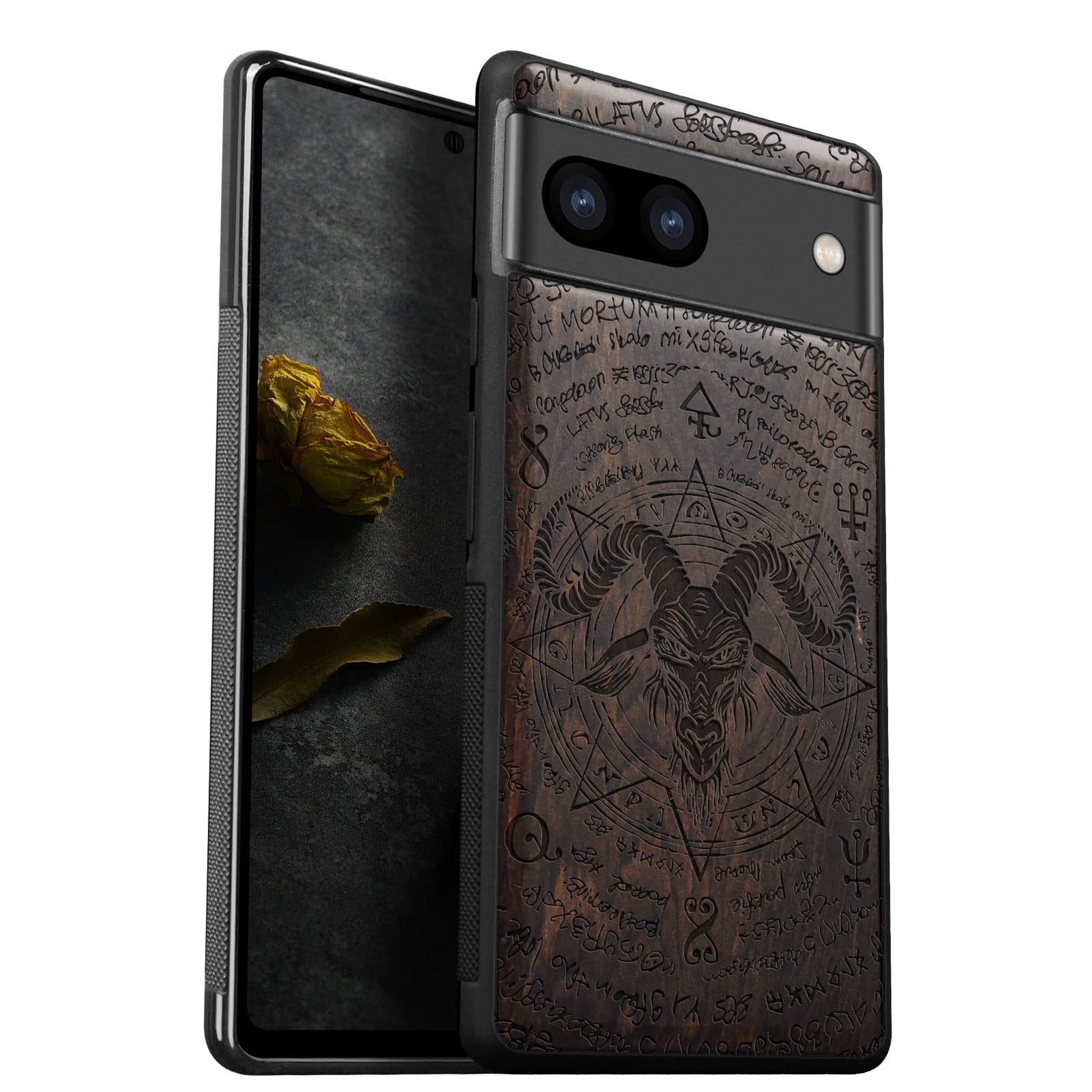 Carveit Custodia Compatibile con Google Pixel 8 Case Antiurto con Protezione in Legno Cover per Pixel 8 Custodia Paraurti Robusto TPU (Legno nero-Mano di Hamsa e Occhio di Fatima