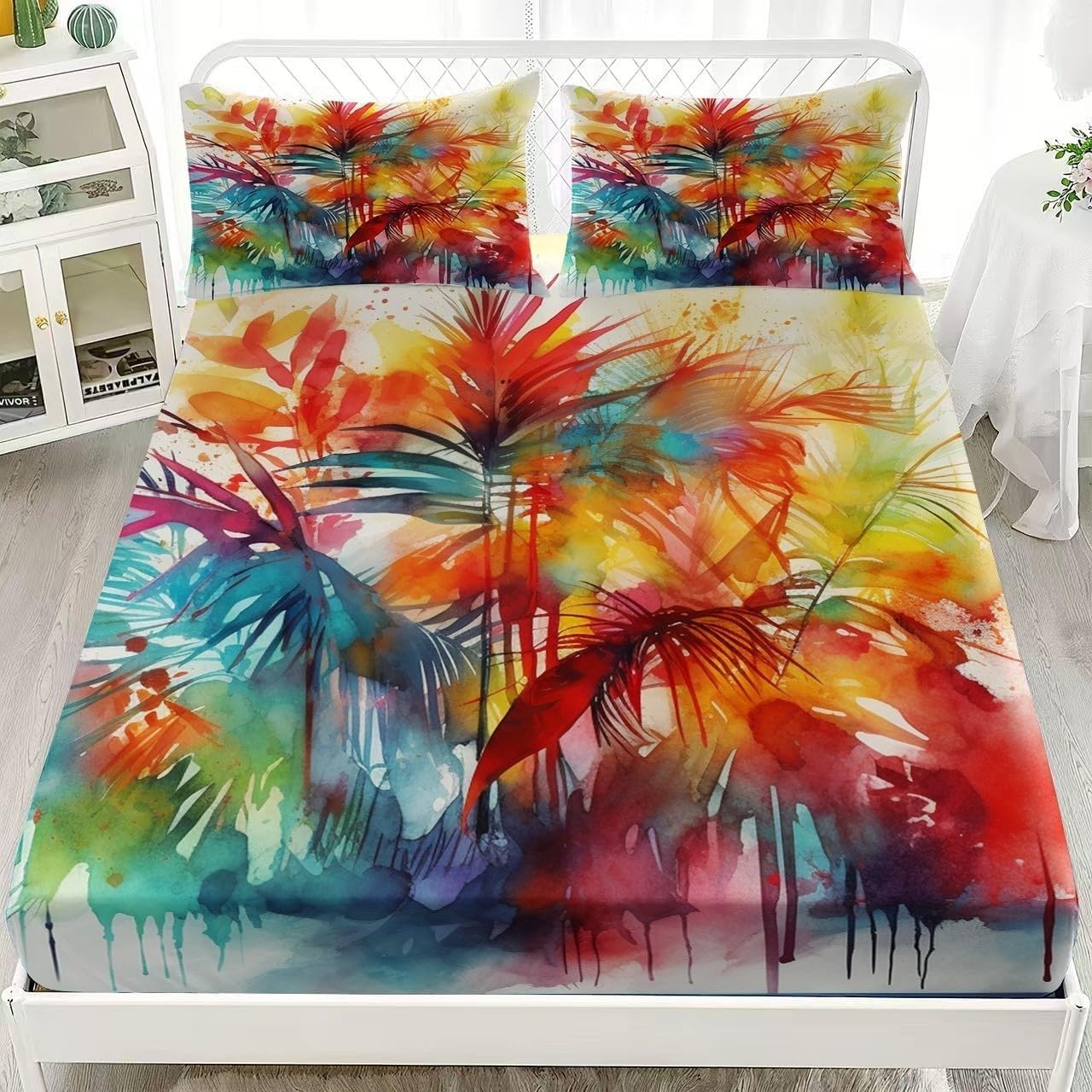 Leaves Single Fitted Sheet Iridescent Bed Sheets Deep Pocket 12 inch (30 cm) Soft Cozy 3 Piece Microfibre Bed Sheet 90x190 cm with 2 Pillowcases 50x75 cm
