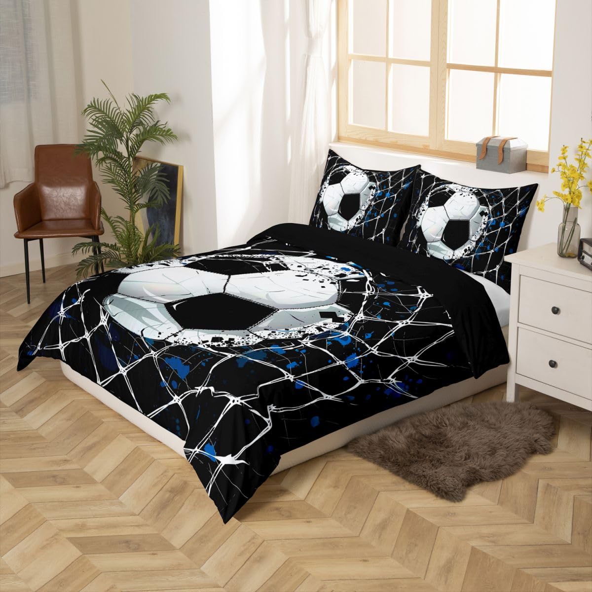 Homewish Piłka nożna King Size poszewka na kołdrę piłka bramka zestaw pościeli piłka sport gry kołdra poszewka na kołdrę dla dzieci chłopców nastolatków dorosłych abstrakcyjna geometryczna pęknięta