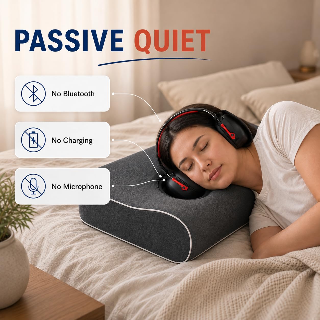 Arrowzoom Oreiller à Mémoire de Forme avec 2 Ouvertures pour Les Oreilles et Casque Antibruit Passif, pour Dormir sur Le Côté, Gris Foncé, 54 x 38 cm