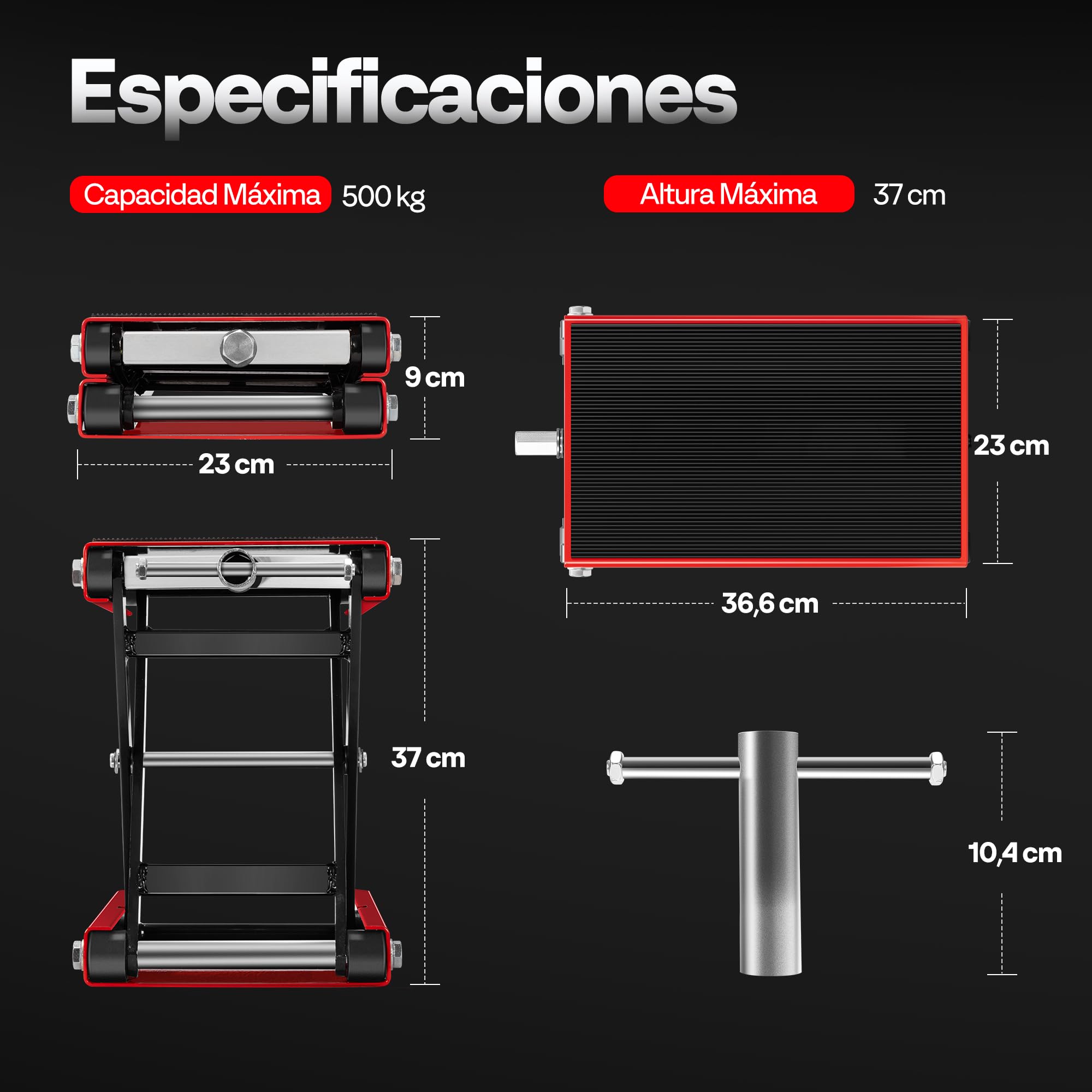 VIVOHOME Elevador Moto Plataforma Elevadora Motocicleta Ancha de Acero Altura Ajustable, Soporte Central Capacidad de 500kg para Coche Taller Garaje Vehículos Rojo