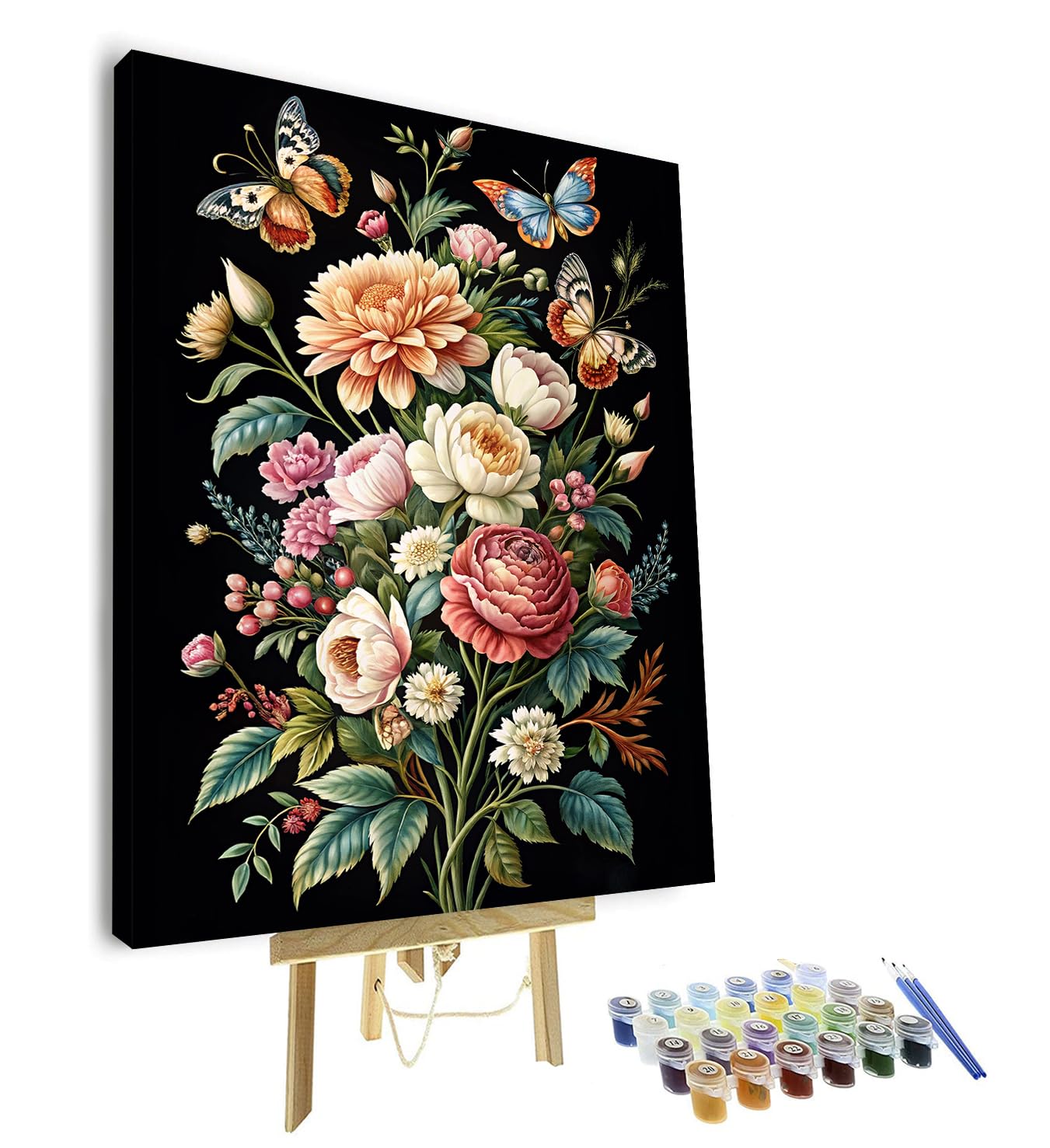 Paint by Number for Adult, Floral Painting by Number Kits On Canvas, DIY Bouquet of Flowers and Butterfly Paint by Numbers, Framed Baroque Style Paint by Numbers for Adults and Beginner 16X20 Inch