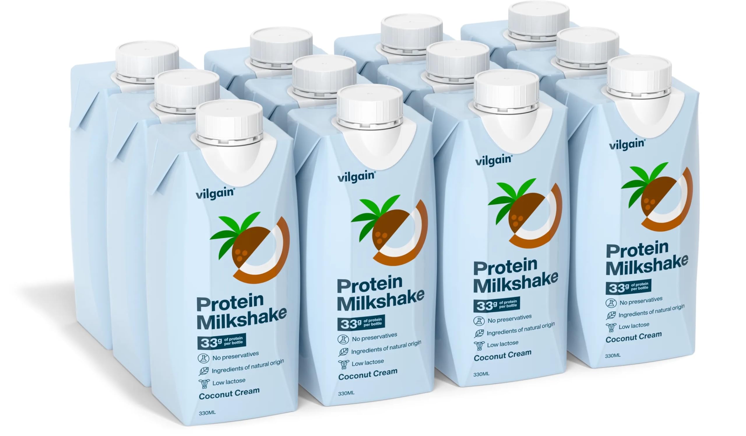 Vilgain Protein Milkshake, 33g protein per serving, Low lactose, milk protein shake, No artificial additives, Sweetened with stevia (12x330ml) (12x330ml, Coconut cream)