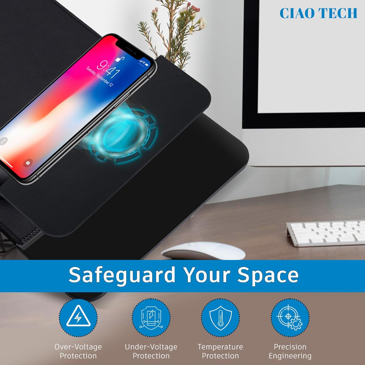 CIAO TECH mouse pad with icons for over-voltage, under-bindtage, temperature protection, and precision engineering