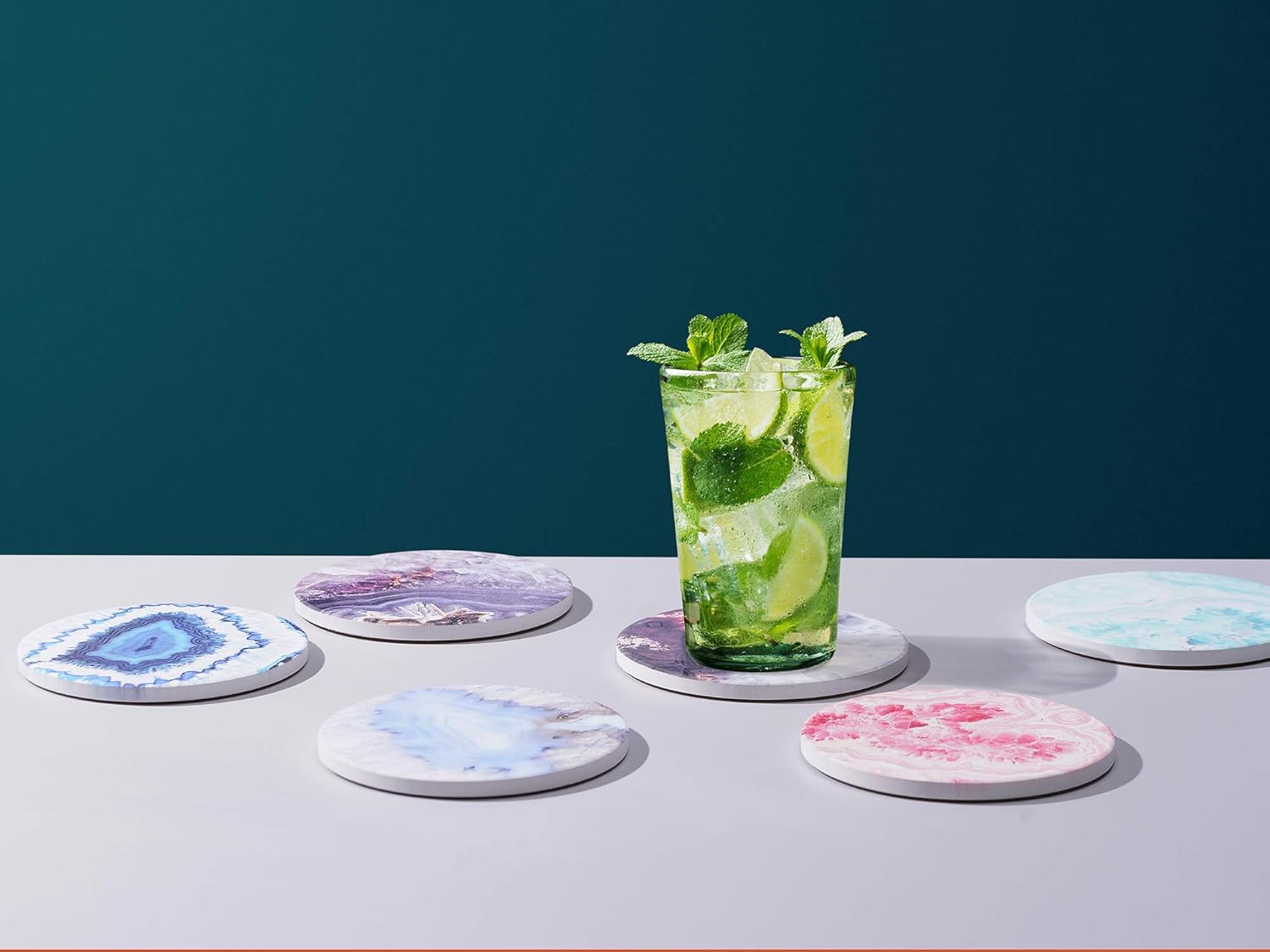 ENKORE Drink Coasters Set of 6 Agate Geode Pattern Absorbent Ceramics - 4.3 inch X Large with Cork Back Pad, Furniture Protection for Any table type, Wood, granite, Glass, Marble tabletop - NO holder