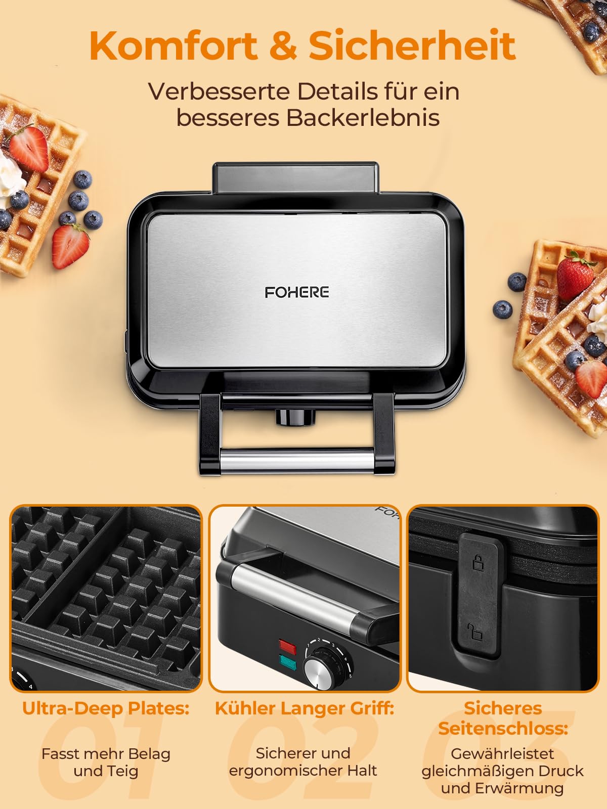 Piastra per waffle belga, doppia piastra antiaderente, con regolazione automatica della temperatura e spie di controllo