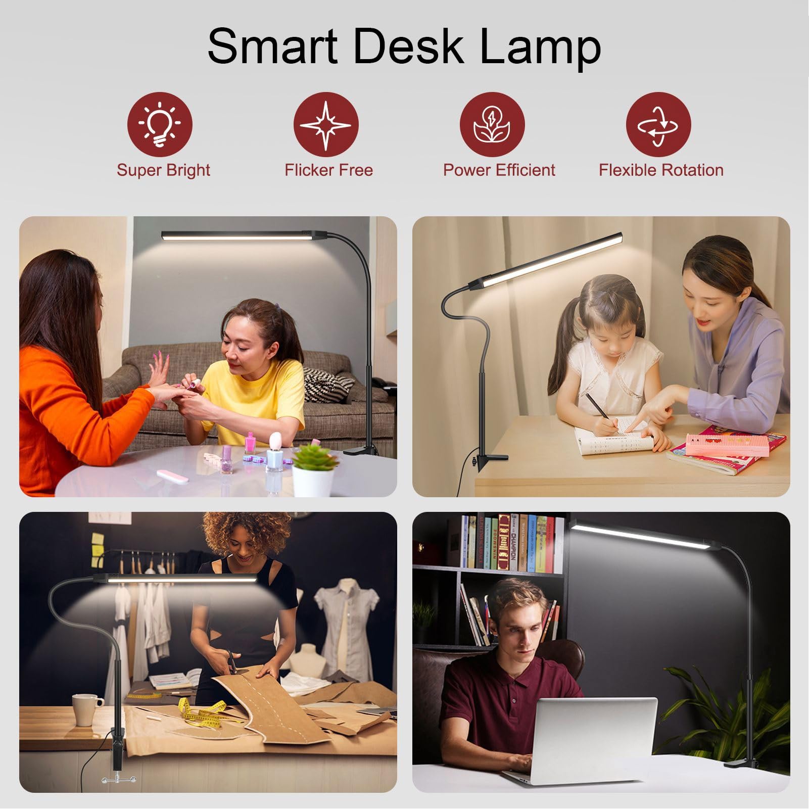 Lámpara de escritorio LED inteligente con atenuación continua, base y pinza, 3 temperaturas de color (3000K-6000K), luz con clip, plegable, con pinza para leer, ideal para el