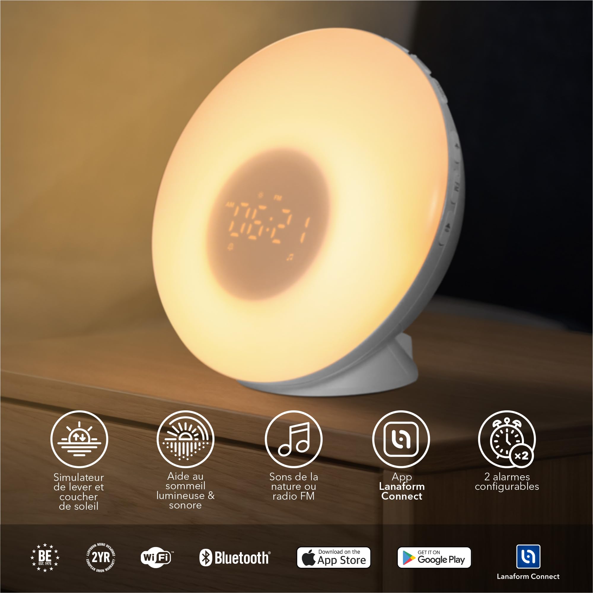 Lanaform - WL-100C - Simulateur D’aube Et De Crépuscule Connecté - Réveil Lumineux - Imite Le Lever Et Le Coucher Du Soleil - Aide À L'endormissement Avec Sons Neutres Et Ondes Alpha - 2 Alarmes
