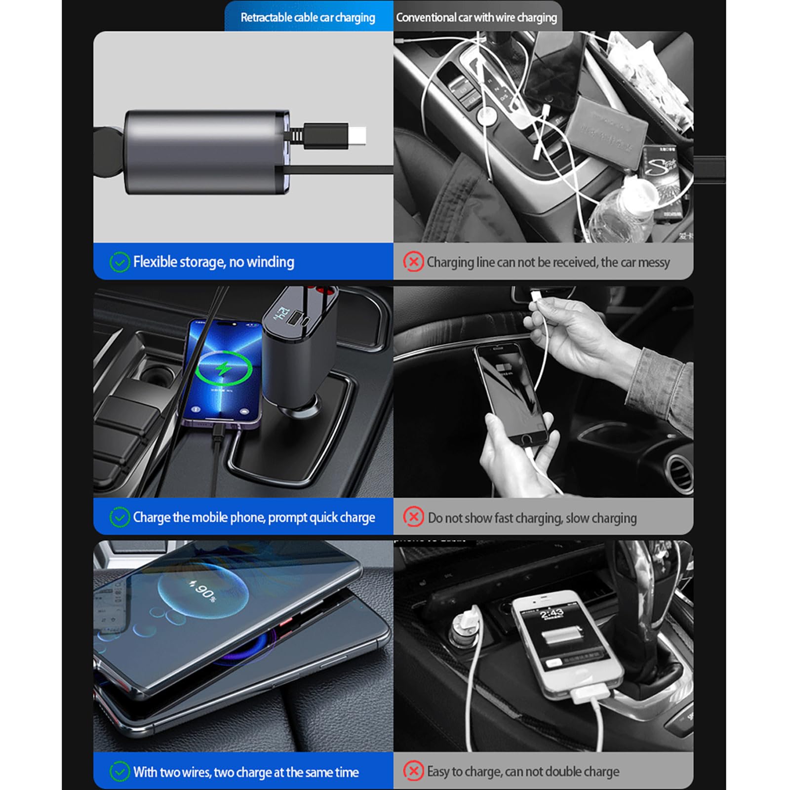 Quntee Retractable Car Charger for iPhone 15 Pro Max, Car Cigarette Lighter 66W Fast USB C Phone Charger, 4 in 1 Retractable Type C Car Charger for iPhone/MacBook Pro/Air,Huawei 4