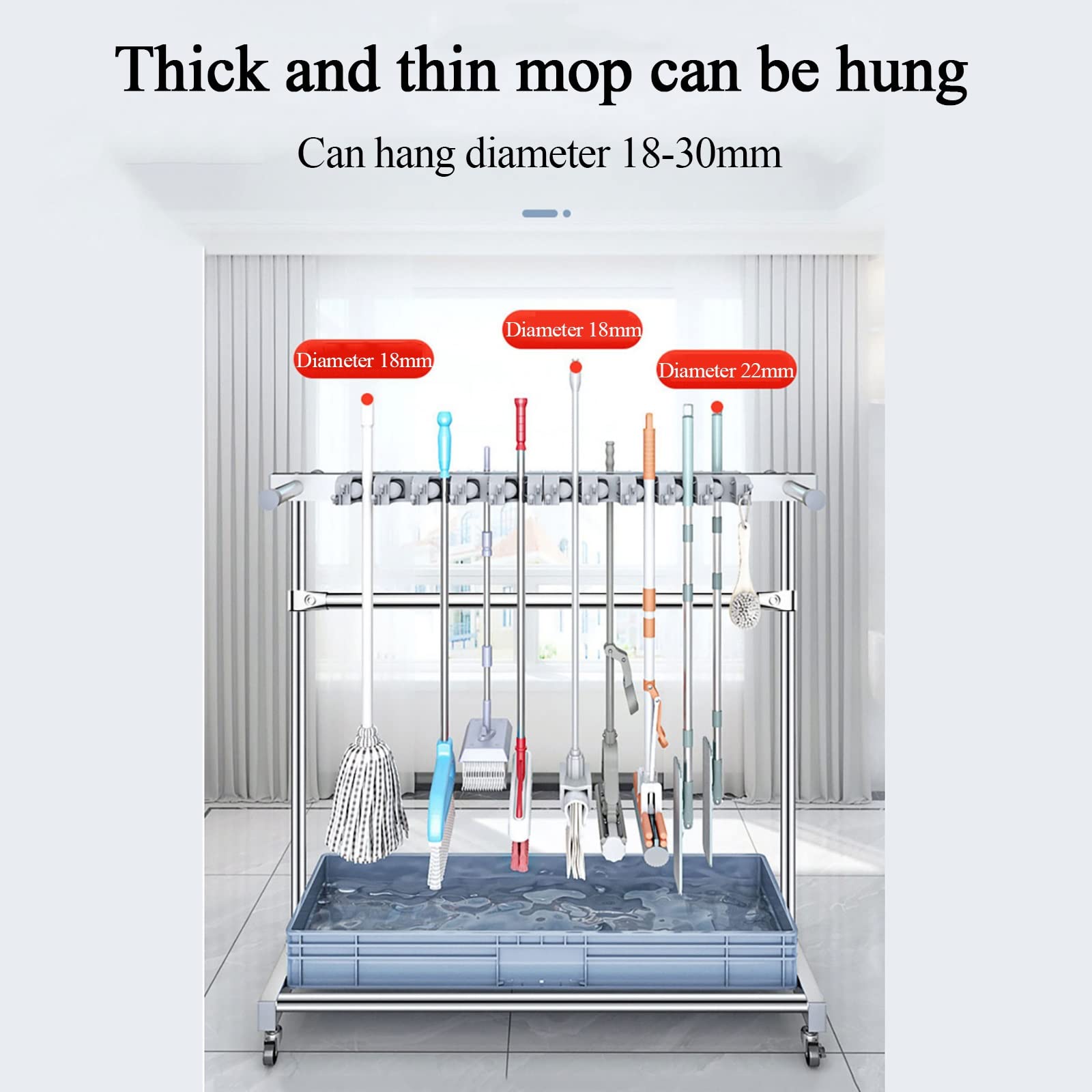 Soporte Móvil para Escobas Y Fregonas, Estante Comercial De Acero Inoxidable para Fregonas, Carrito Organizador De Herramientas De Limpieza, Almacenamiento De Herramienta,Blue-20 Slots