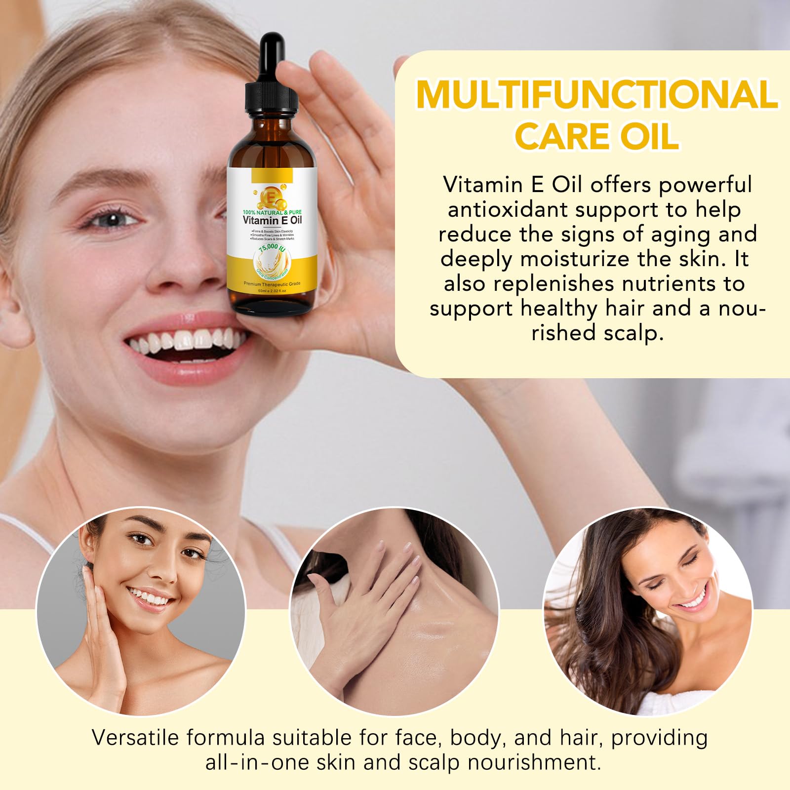 Huile de vitamine E 100 % naturelle, 75 000 IU ultra concentrée, qualité thérapeutique, soin de la peau anti-âge pour cicatrices et vergetures, 60 ml