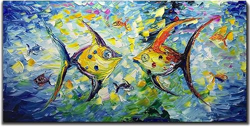 Yotree Pinturas de 24 x 48 pulgadas, peces besando, estilo moderno y simple, arte abstracto, lienzo abstracto 3D, paisaje pintado a mano, obra de