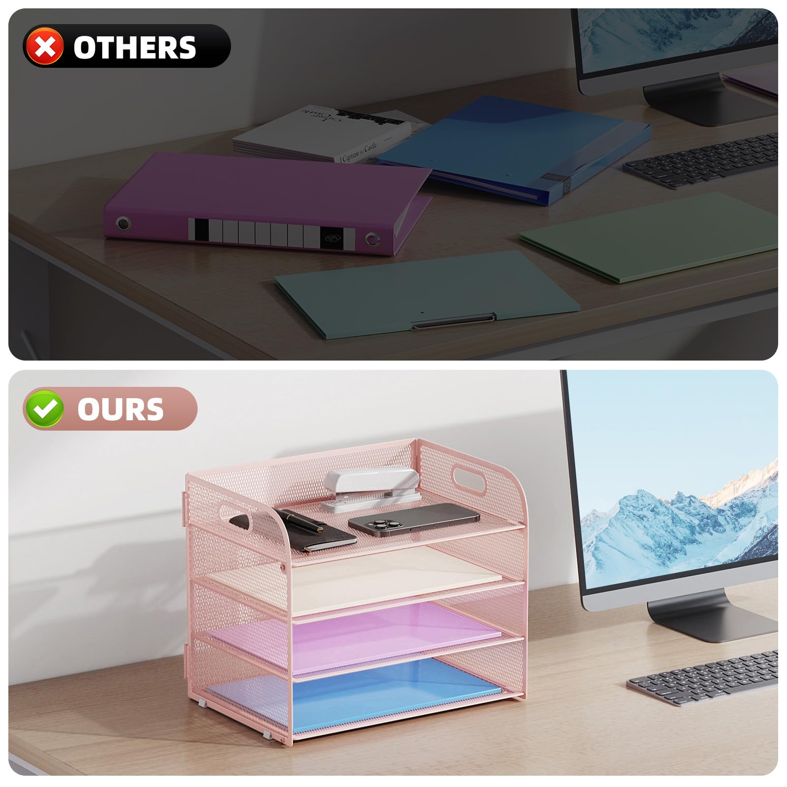 Marbrasse Bandeja organizadora de papel de 4 niveles, organizador de archivos de escritorio de malla con asa, organizador de papel para soporte de carpetas de archivos de oficina y carta/A4