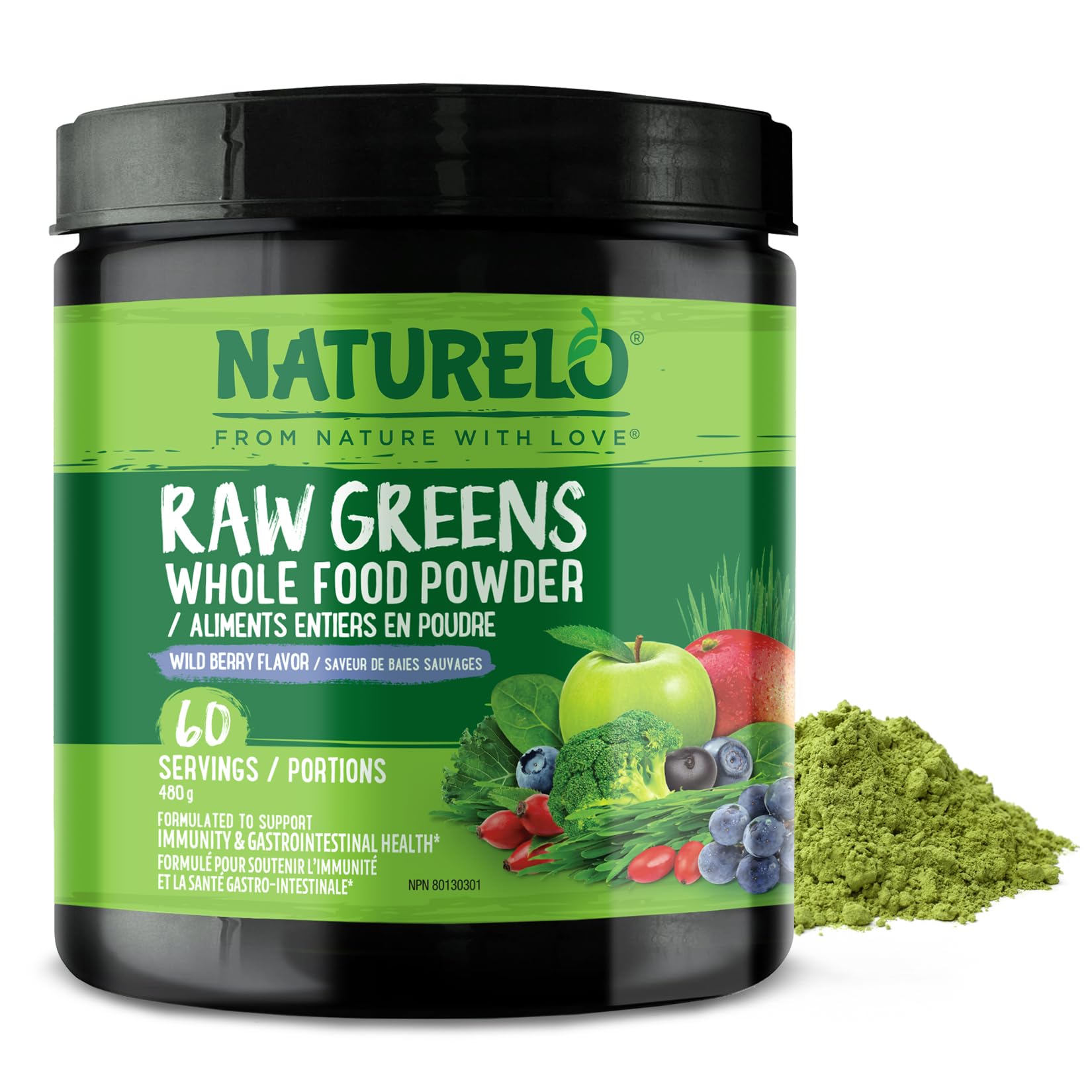 NATURELO Raw Greens Superfood Powder - Wild Berry Flavor - Boost Energy, Detox, Enhance Health - Organic Spirulina - Wheat Grass - Whole Food Nutrition from Fruits & Vegetables - 60 Servings