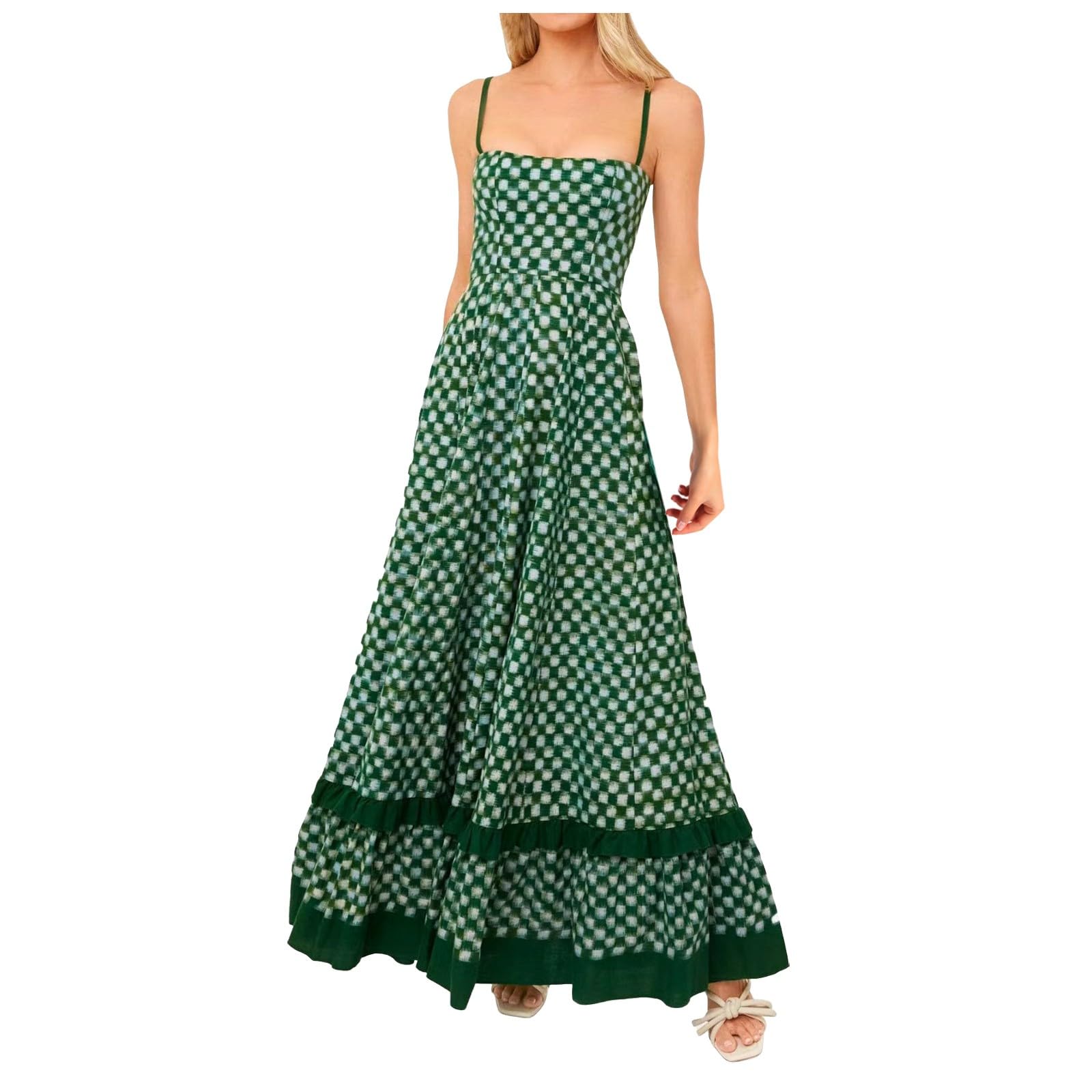Vestido largo casual para mujer, con estampado gráfico, tirantes delgados, floral, bohemio, largo, fluido, verano, vacaciones, playa, viajes, vacaciones