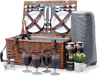 Picnic Basket for 4 - Wicker Picnic Set with Large Insulated Cooler Compartment, Waterproof Blanket, and Cutlery Service Kit for Camping and Outdoor Parties