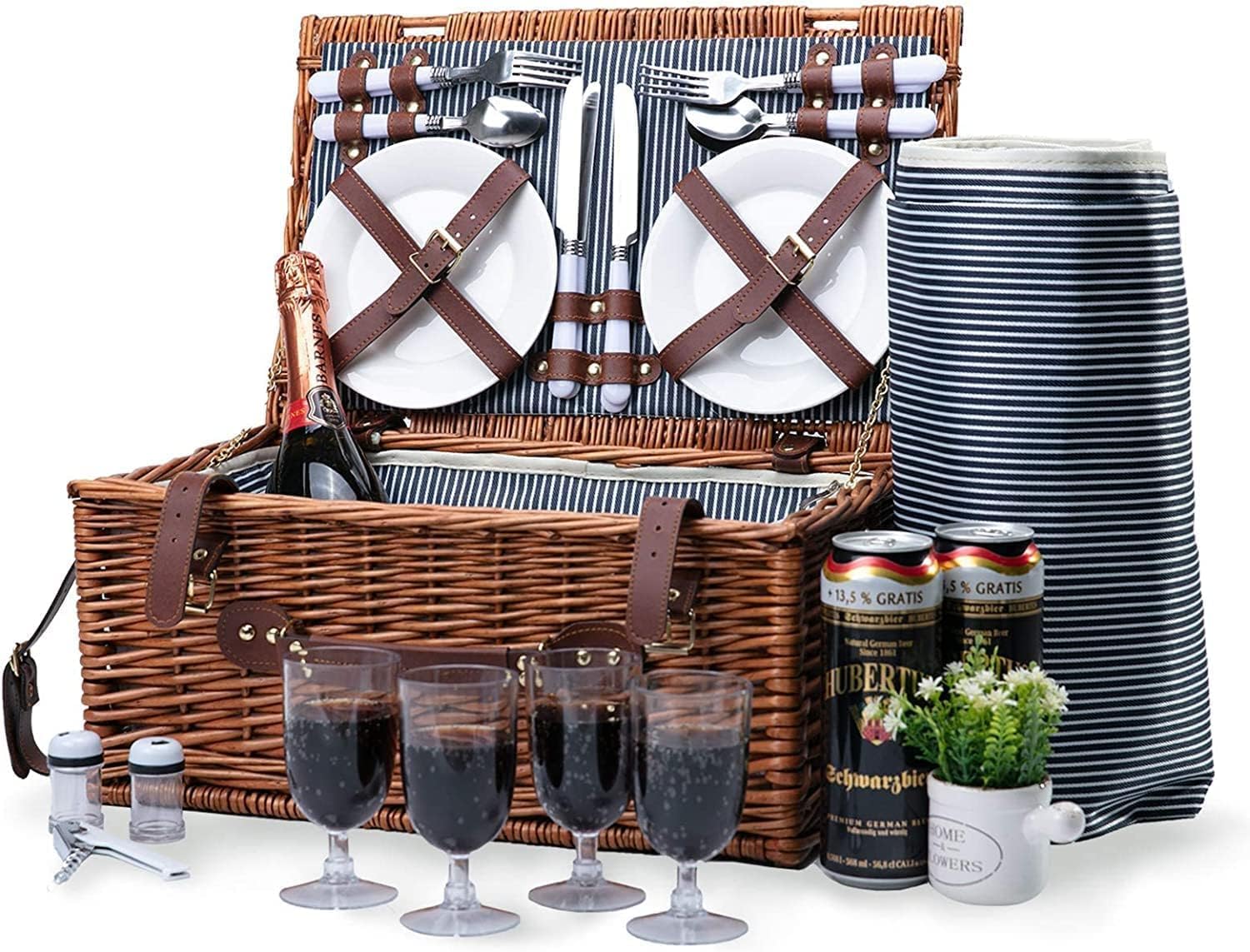Picnic Basket for 4 - Wicker Picnic Set with Large Insulated Cooler Compartment, Waterproof Blanket, and Cutlery Service Kit for Camping and Outdoor Parties