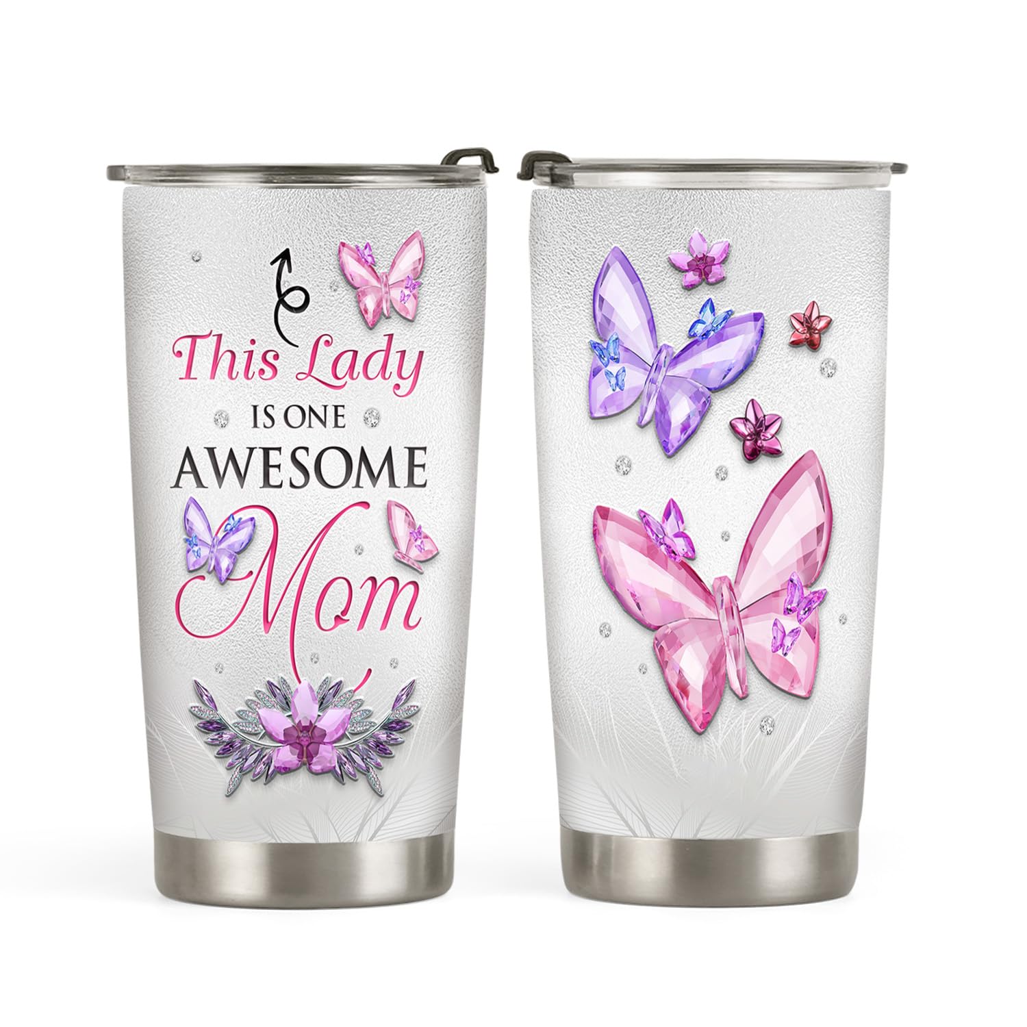 64HYDRO 20oz Jewelry Crystal Flower Butterfly Mom Tumbler, This lady is one Awesome Mom, Grandma, Mother Gifts, Stainless Steel Double Wall Vacuum Insulated Coffee Mug, Travel Cup with Lid