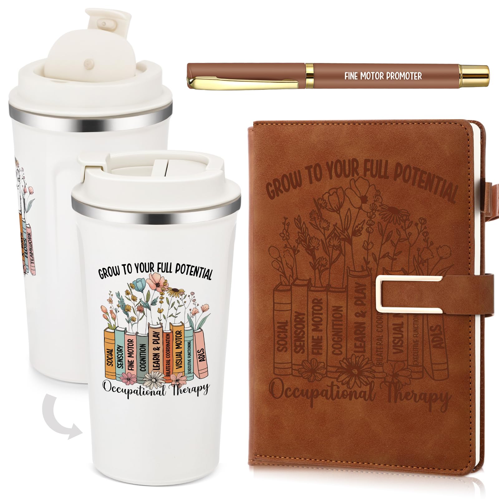 Pickmesh 3 Pcs Occupational Therapist Gifts Set 17 oz Coffee Tumbler A5 Leather Notebook Journal Pen Occupational Therapy Appreciation Ot Gifts for Women Men Graduation Birthday Holiday