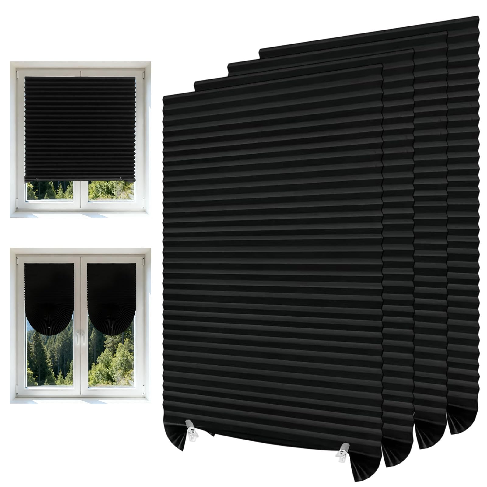 4 PCS Temporary Blinds for Windows, No Drill Self Adhesive Stick on Blinds, Easy to Cut and Fit Light Filtering Blackout Shade, Temporary Blind for Bedroom Kitchen Bathroom (Black, 90 * 180cm)