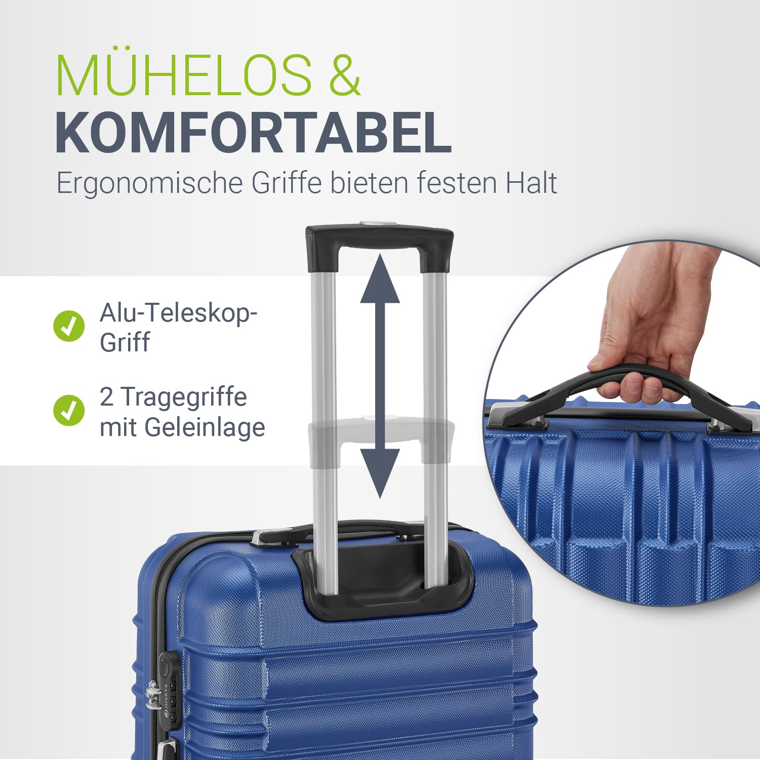 Juskys® Hartschale Kofferset Reisekoffer 4 teilig - Zahlenschloss, geräuscharme 360° Rollen groß, Teleskopgriff, leicht - Koffer in Blau