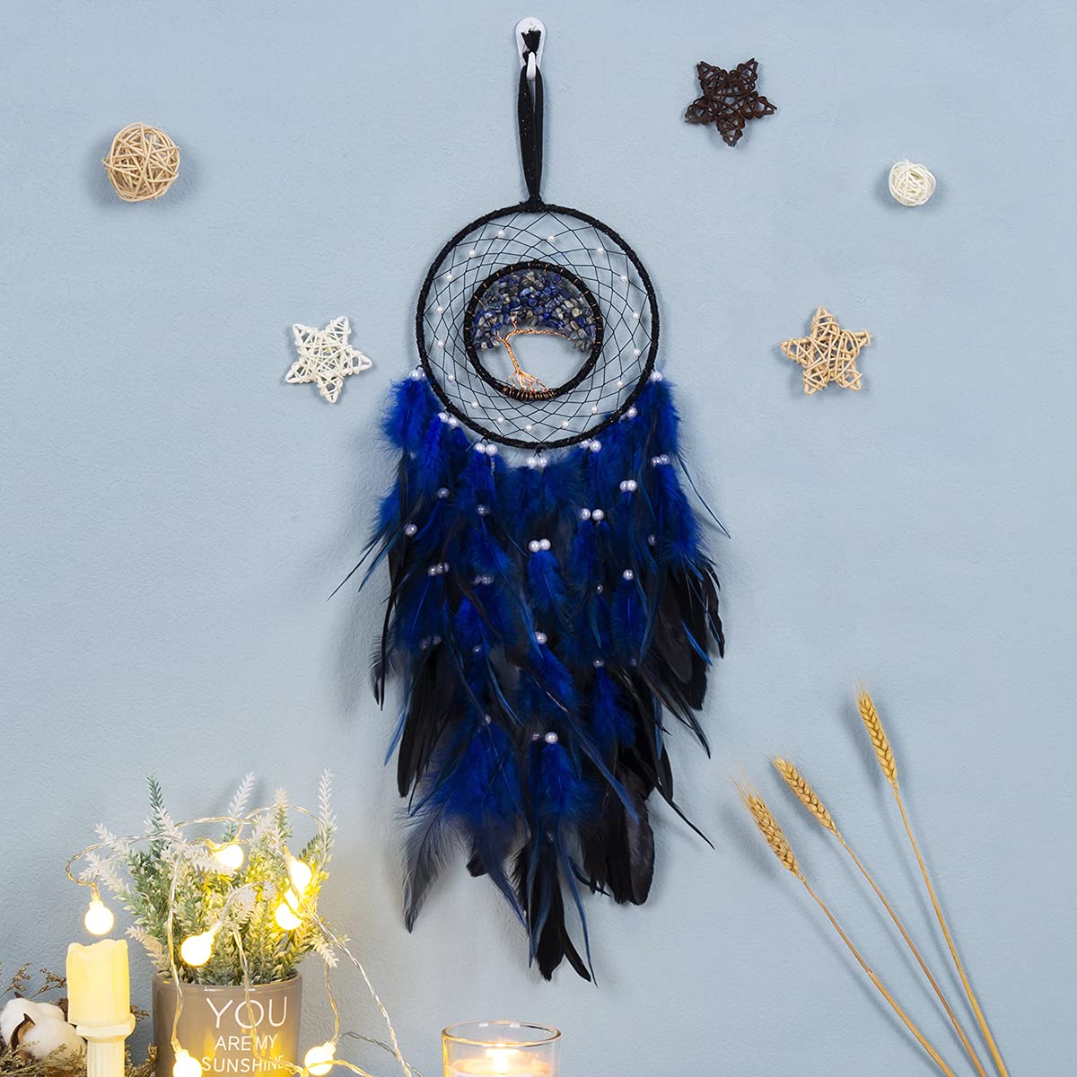 Blue Dream Catcher With Healing Crystal – Tree Of Life Wall Decor For Bedroom, Handmade Gift