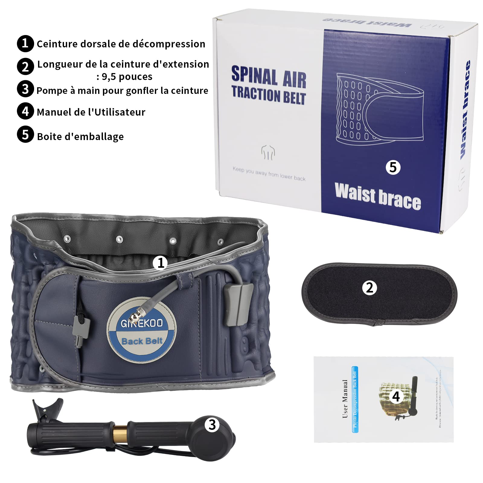 Ceinture de décompression pour le dos – Ceinture de traction à air de la colonne vertébrale pour soutien lombaire et douleurs lombaires – Ceinture de traction lombaire – Bleu (73,7 à 124,5 cm)