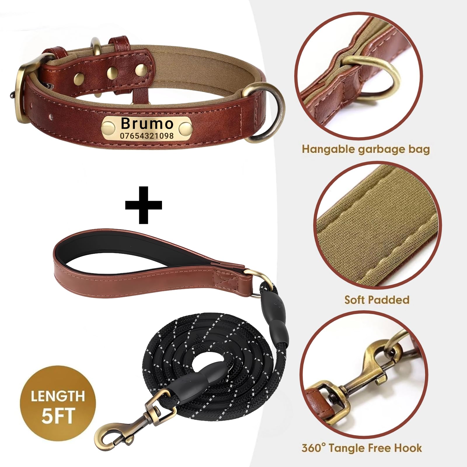 Set Guinzaglio E Collare In Pelle Per Cani Rosa Personalizzato Piccola Grande EB - Foto 10