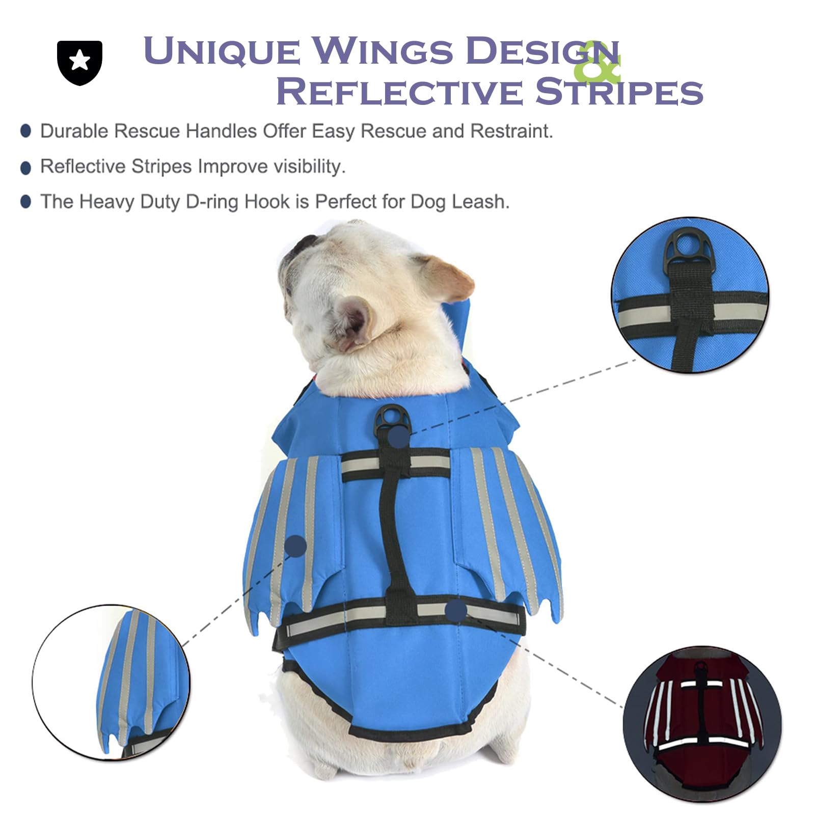 Rettungswesten für Hunde mit Flügel, Schwimmweste Hunde mit Kinnschwimmer, Leicht und Sicher für Wassersport hundeschwimmweste mit Griff und Reflektierend für Kleine Mittlere und Große Hunde Blau M