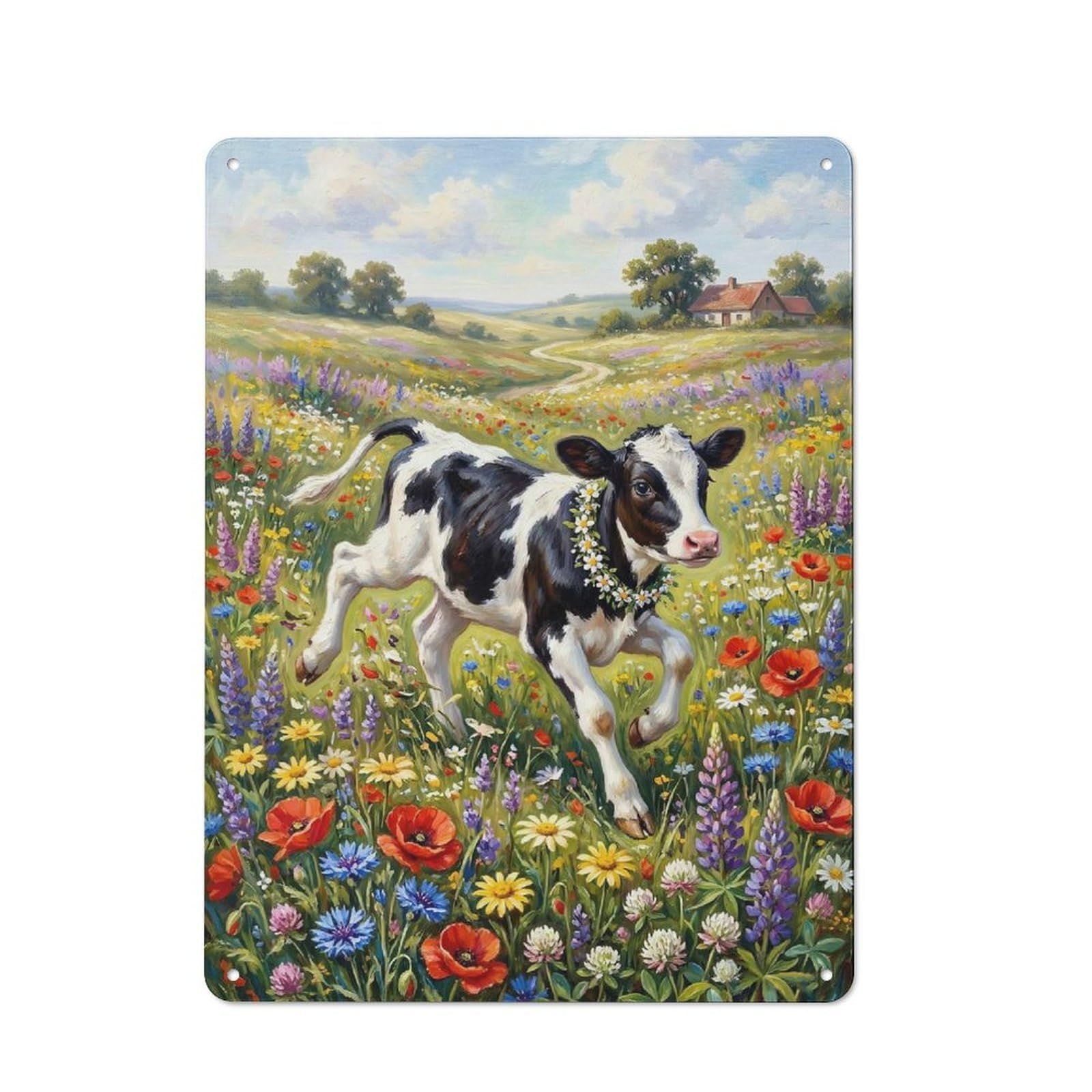 Junmoney Style-20 Cow In A Field Of Flowers Rustic Metal Sign 40X30cm For Pub Or Café, For Collectors Of Rustic Metal Wall Decor
