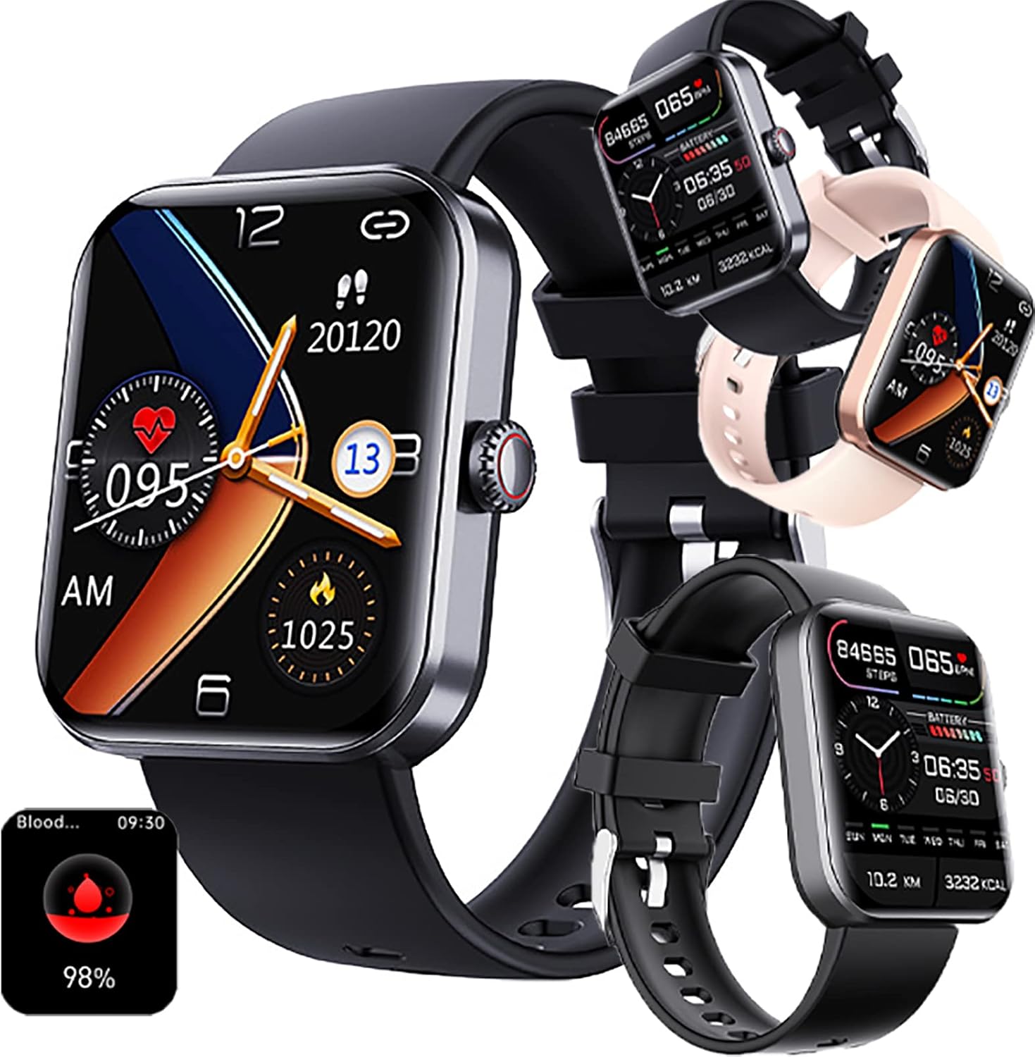 Blood Glucose Smart Watch, 24/7 Blood Sugar Fitness Tracker with Body