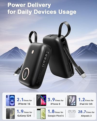 Miniatura 6 de Banco de energía de carga rápida, pequeño cargador portátil USBC de 22.5 W 10000 mAh con cable USB-C integrado, mini batería esencial, 2 USB C y 1
