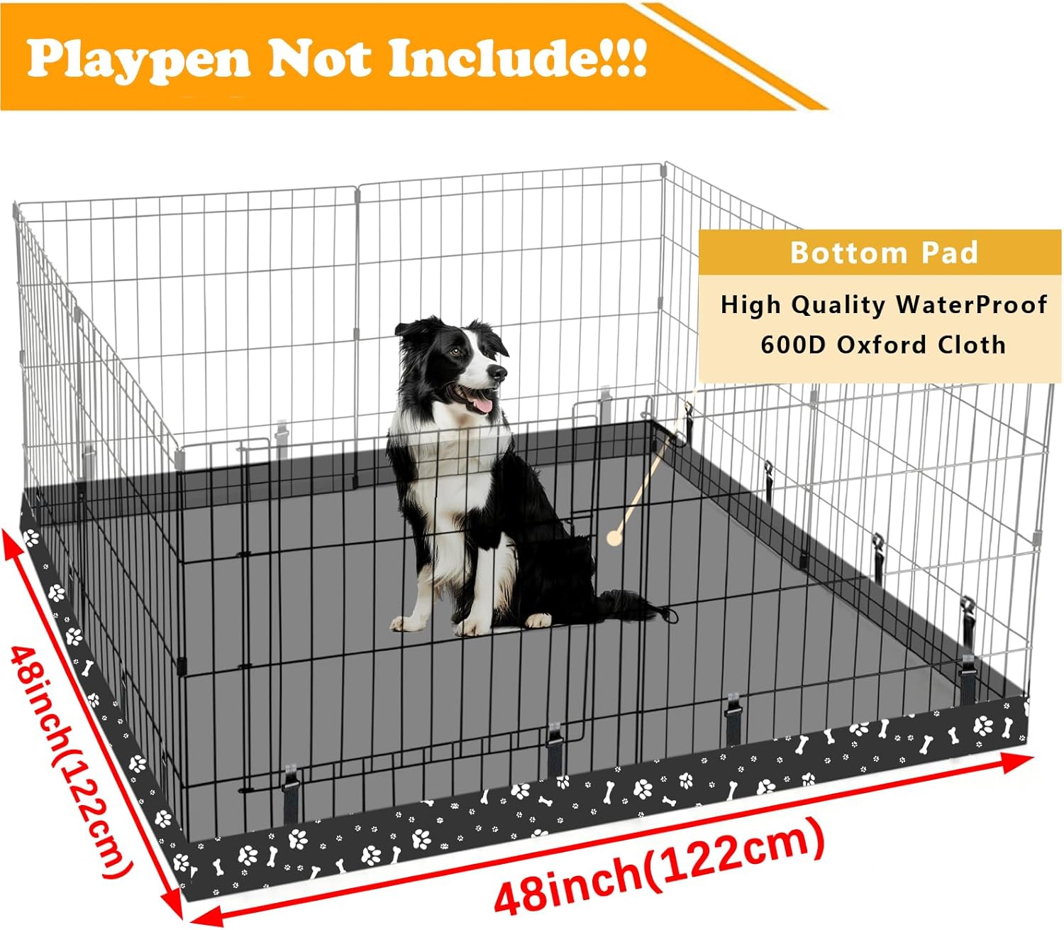 Dog Playpen Square Bottom Pad Fits for 48 Inch 8 Panels Metal Exercise Pet Playpen, Dog Crate Pad Puppy Playpen Pad, Elastic Buckles Connections.(Note: Playpen Not Included) -Black