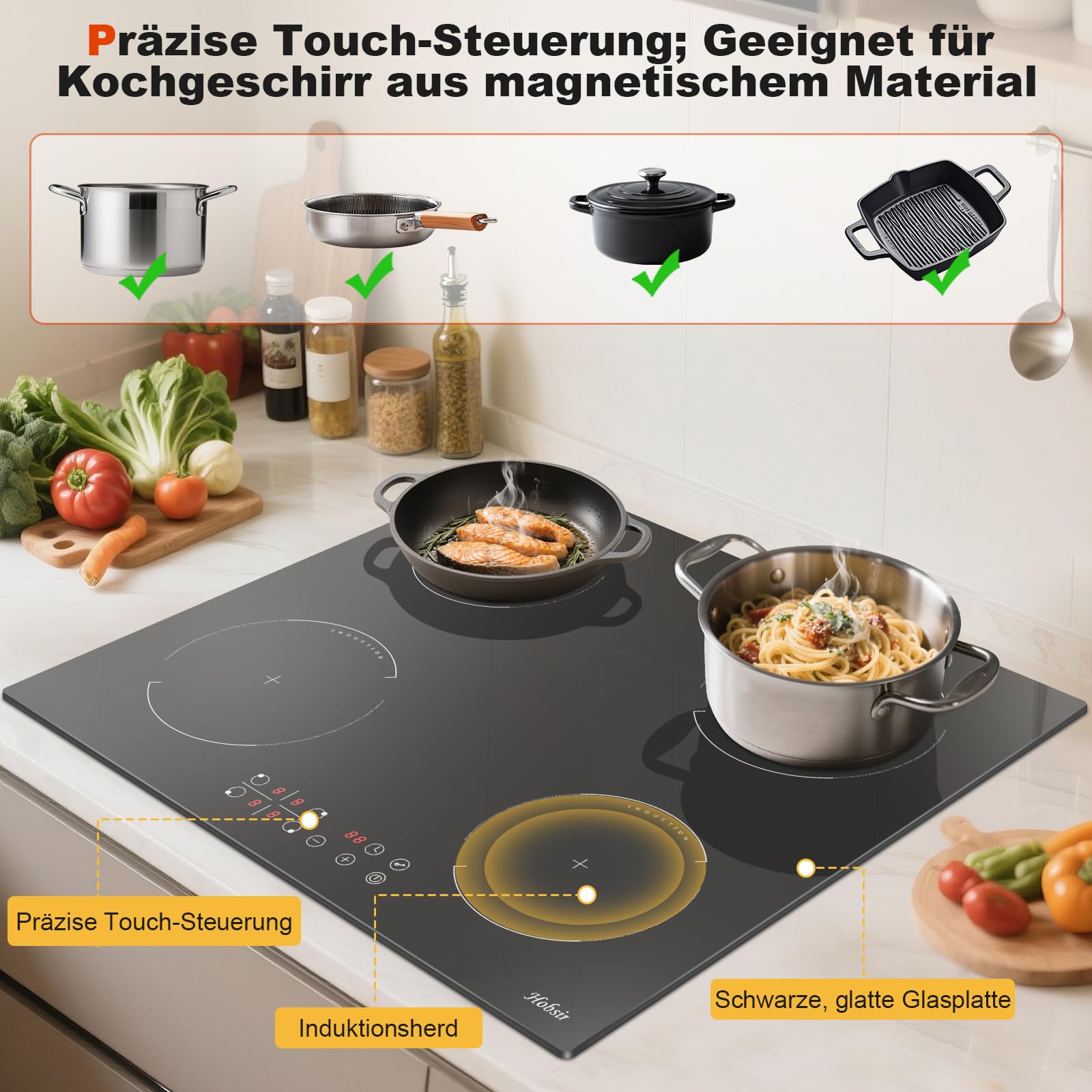Hobsir Induktionskochfeld 4 Zonen Autark 60cm 3500W Touch-Bedienung Sicherheitsschloss Timer