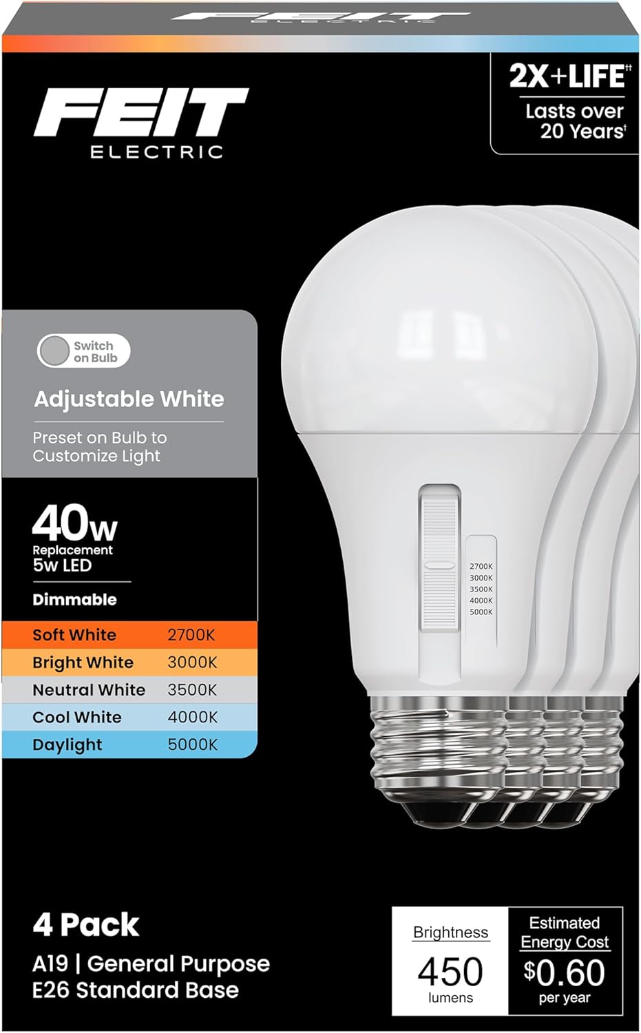 Feit Electric A21 LED Light Bulb, Adjustable White 2700K–5000K, Dimmable, 1500 Lumens, E26 Base, 25,000-Hour Lifetime (Adjustable White, 40, Watts)
