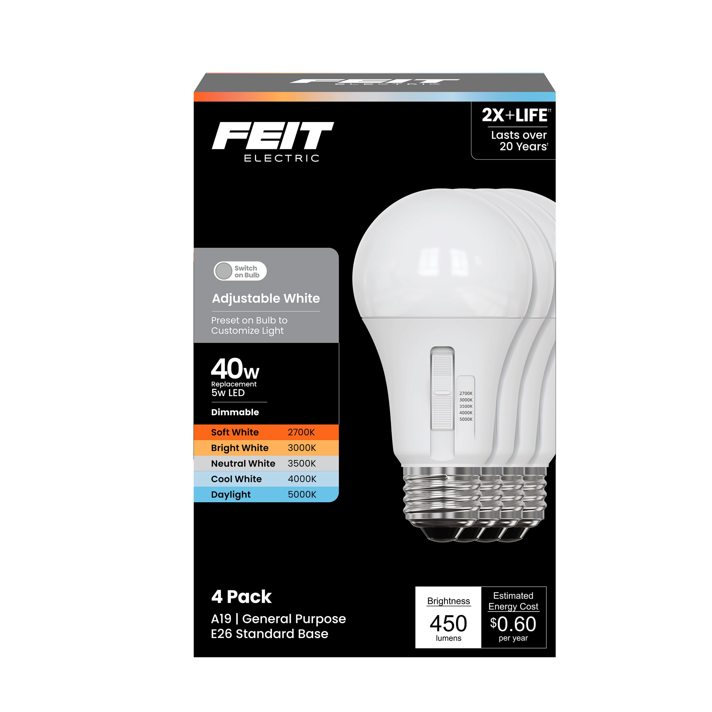 Feit Electric A21 LED Light Bulb, Adjustable White 2700K–5000K, Dimmable, 1500 Lumens, E26 Base, 25,000-Hour Lifetime (Adjustable White, 40, Watts)