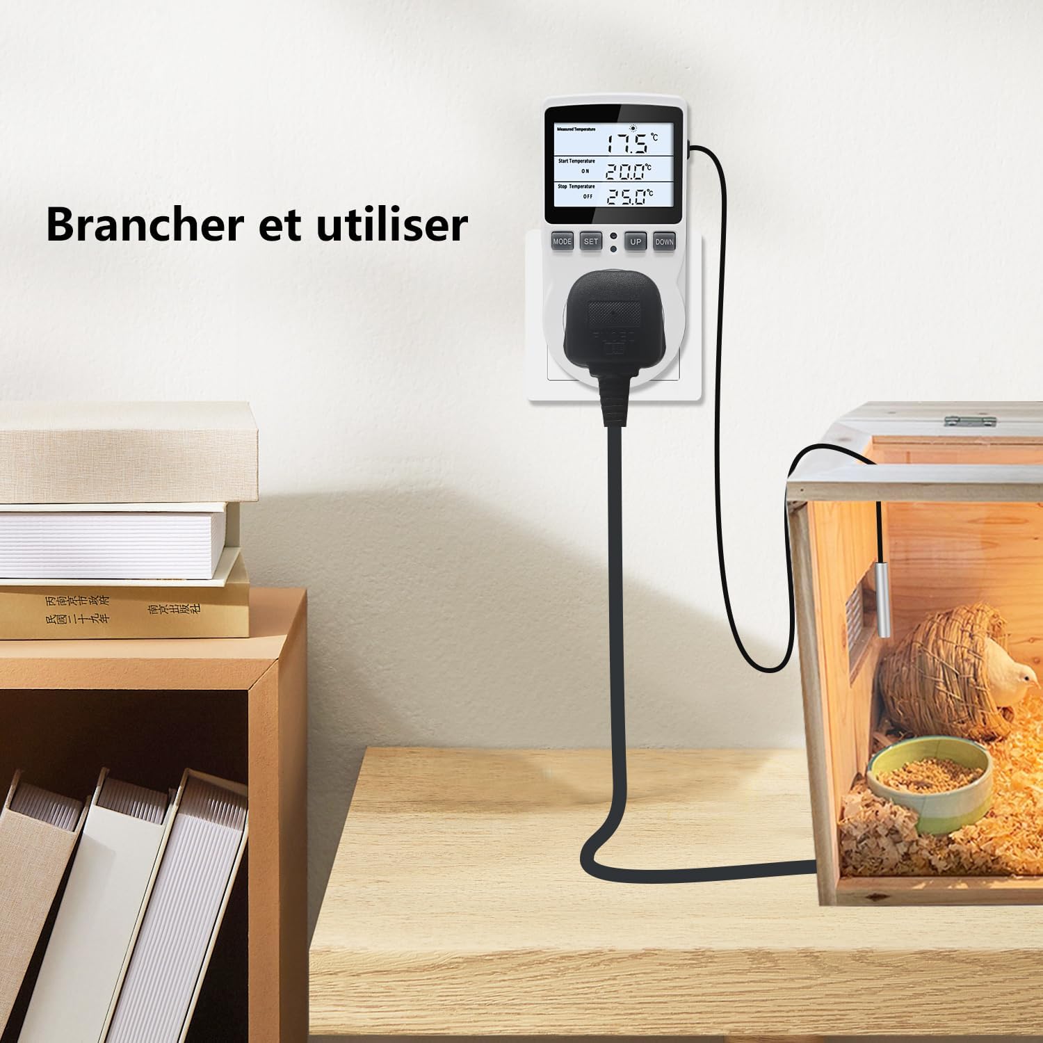 Screenshots of the thermostat display showing F01 Cycle Timer, F02 Countdown ON/OFF, F03 Countdown OFF, and F04 Countdown ON/OFF (single cycle) modes.