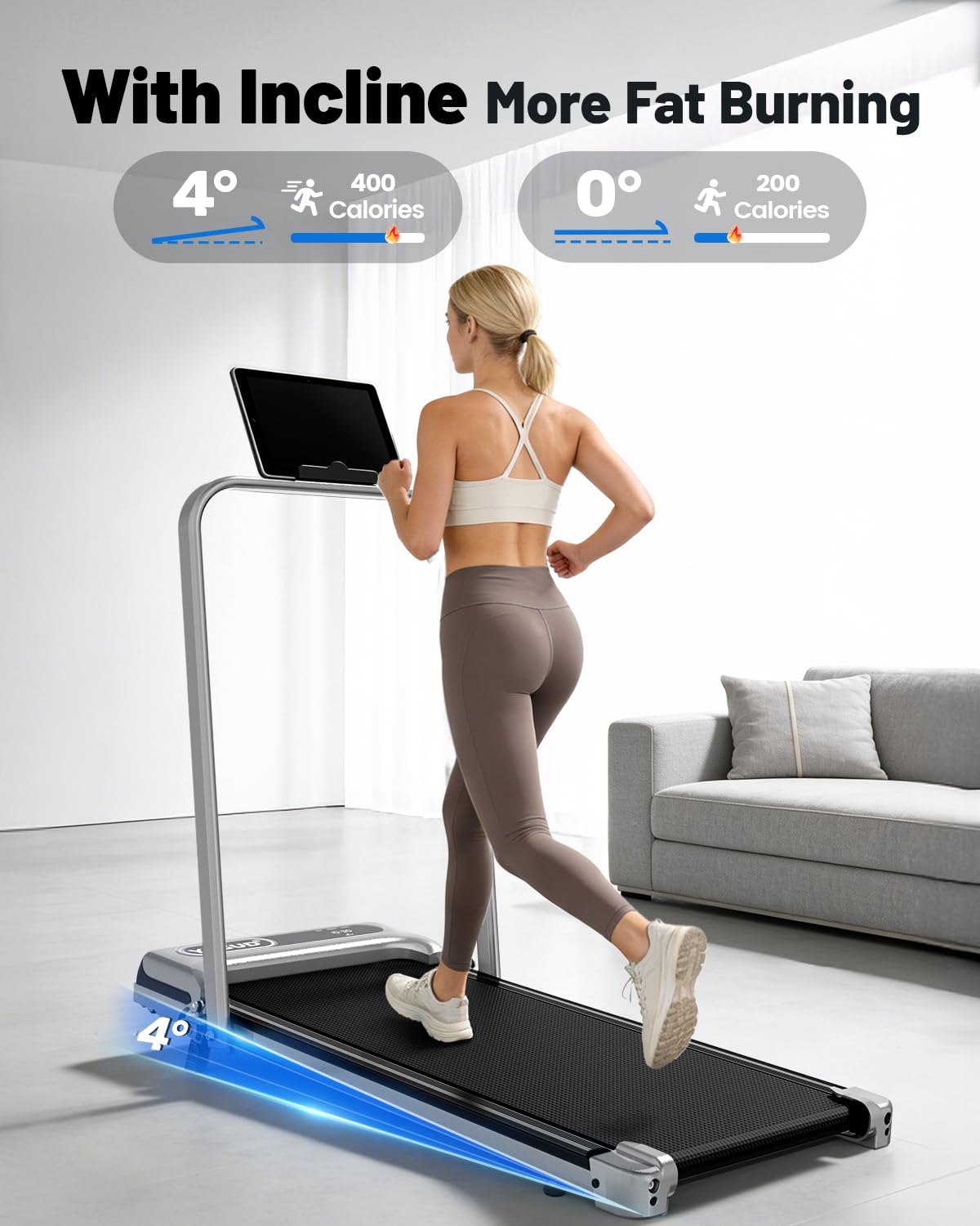 Yagud Walking Pad with 8% Incline, 3 in 1 Treadmill for Home & Office, 2.5HP Under Desk Treadmill with Handle, Portable Treadmill with Remote Control & Led Display, No Installation - 3