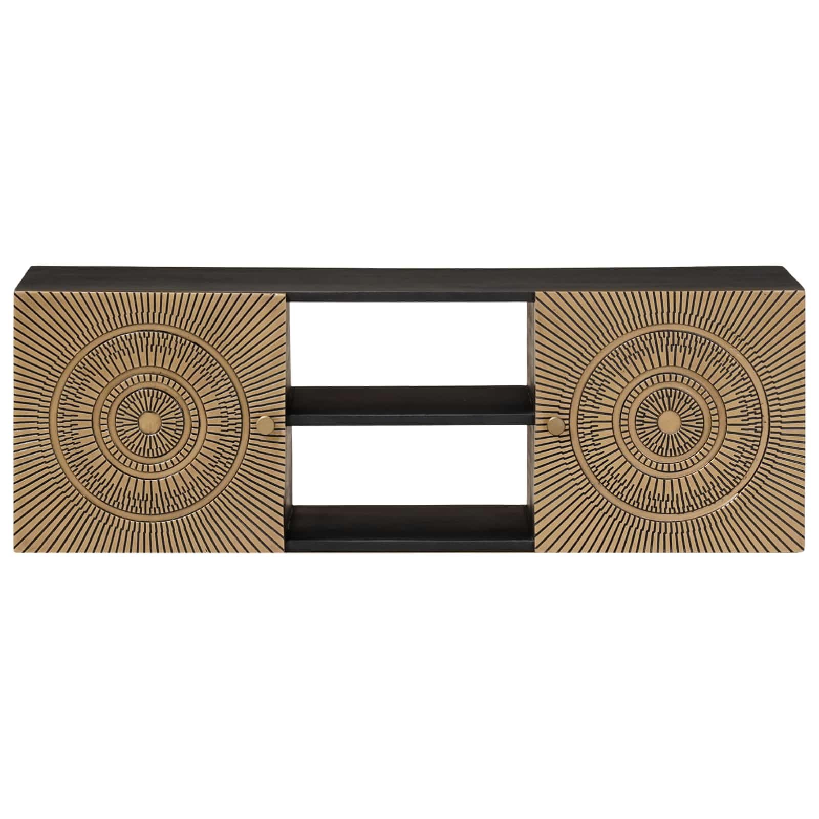 TV-Schränk mit Regal aus massivem Mangoholz und Messing 105 x 30 x 35 cm, modernes Wohnzimmer Lowboard mit Stauraum für Heimkino, HiFi, DVD, Blu Ray und Gaming Zubehör
